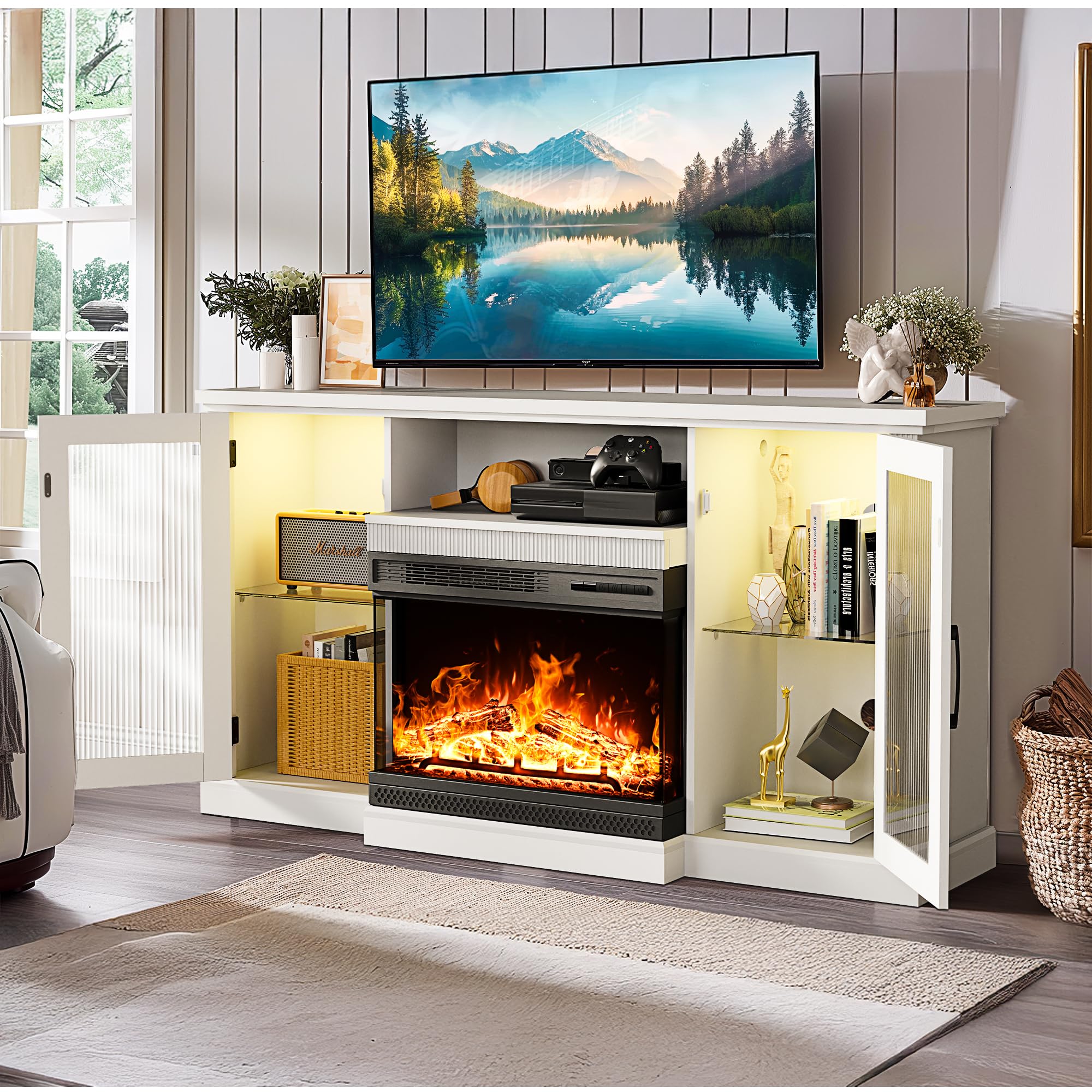 Pamapic 59-Inch 3-Sided Glass Fireplace TV Stand with 24