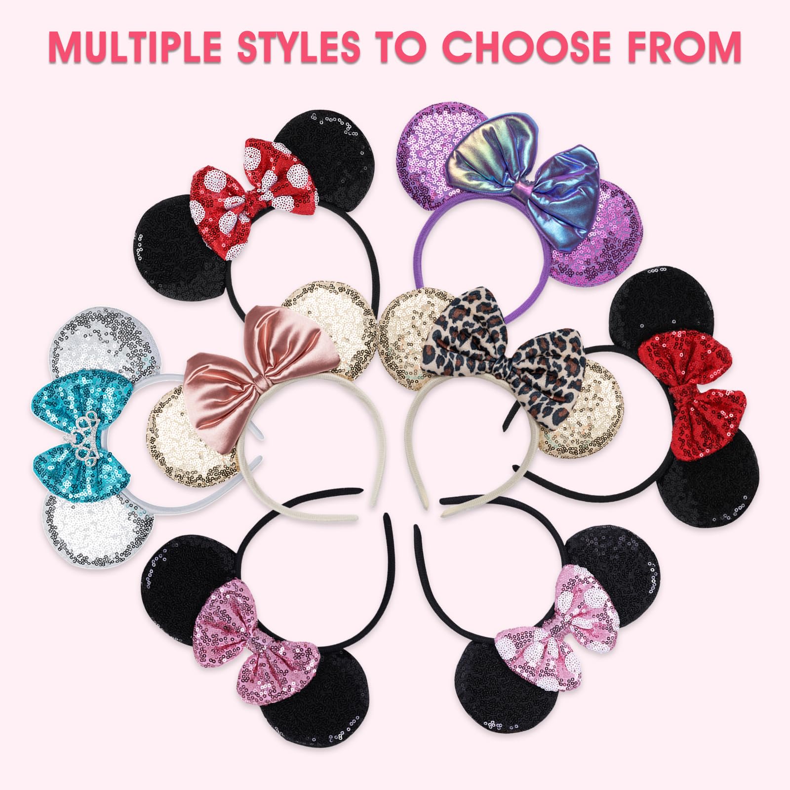 2PCS Sparkling Sequin Mouse Ears Headband with Matching Scrunchie - Women's Disney Inspired Hair Accessories for Birthday Parties, Theme Parks & Cosplay (Red)