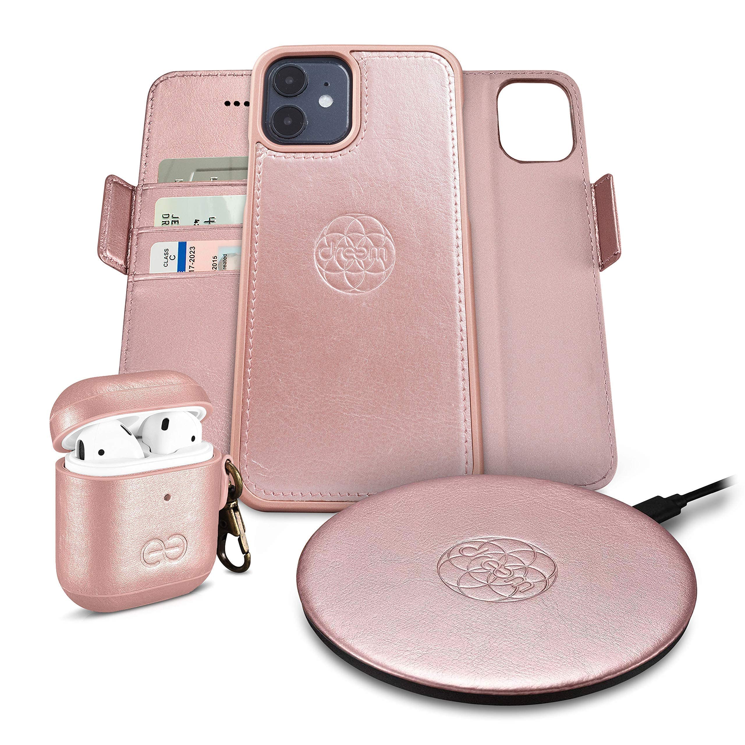Fibonacci Wallet Case for iPhone 12 Mini with Om AirPods 1/2 Case Cover & Beam Wireless Charger - Rose Gold | Slim RFID Blocking Phone Wallet | Perfect for Travel, Work & Everyday Use