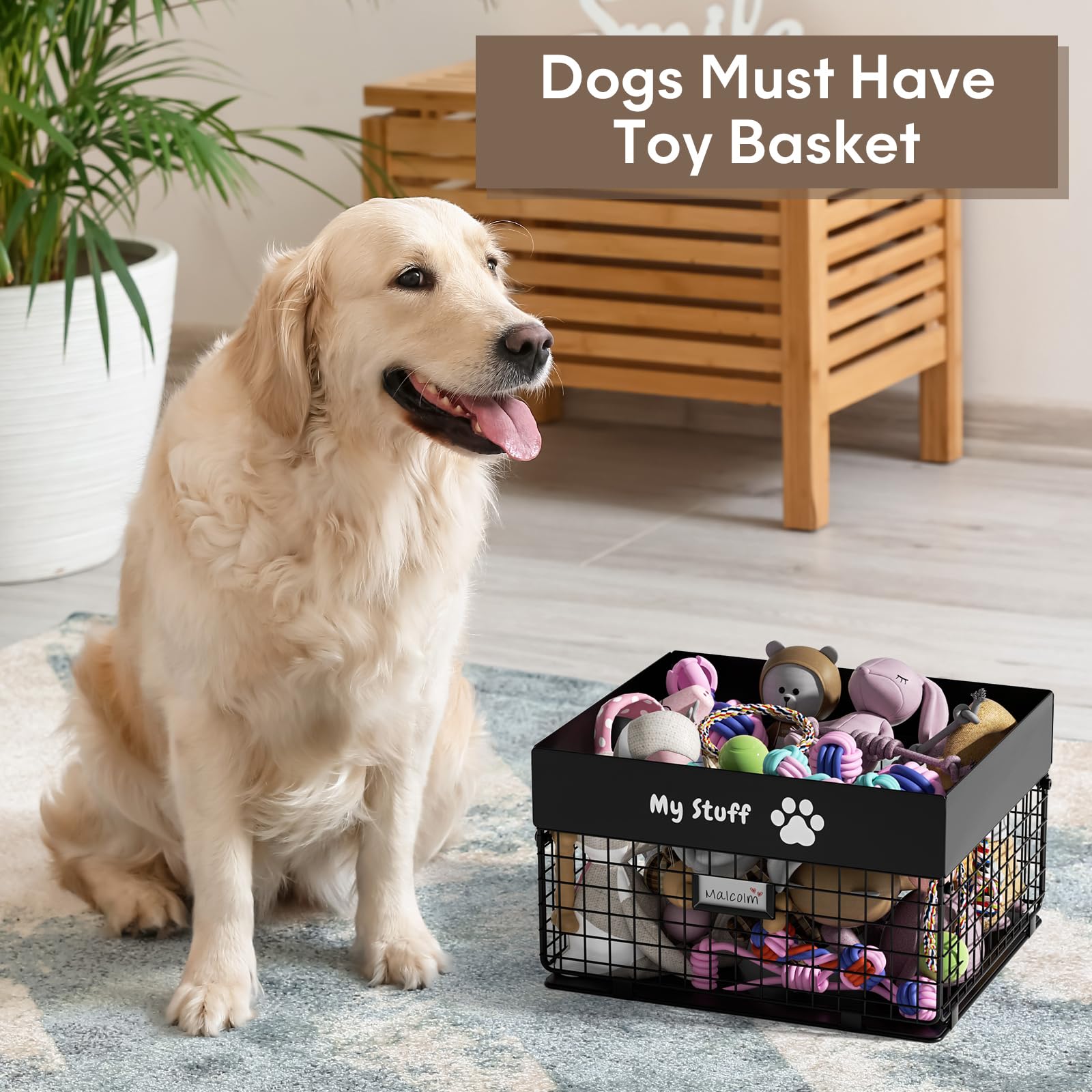 Durable Metal Dog Toy Basket - Large Pet Toy Storage Organizer for Small Dogs & Puppies - Personalized Dog Toy Box for Living Room & Bedroom - Perfect for Pet Playtime & Home Organization
