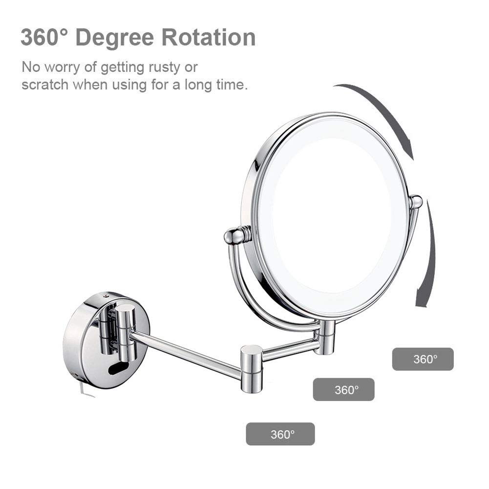 8 Inch Wall Mounted Makeup Mirror with LED Lights - 360° Swivel & Extendable Dual-Sided Vanity Mirror for Bathroom (9-Inch Extension) - Perfect for Girls' Dressing Room, Bedroom & Makeup Studio