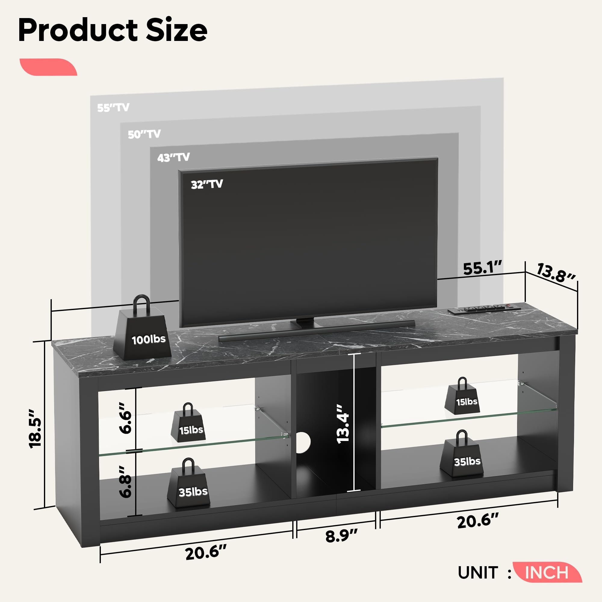 Bestier 55 Inch Modern TV Stand with Power Outlet & Storage - Entertainment Center for 55/60/65 Inch LED TVs - Black Marble TV Cabinet for Living Room, Gaming & Xbox Setup