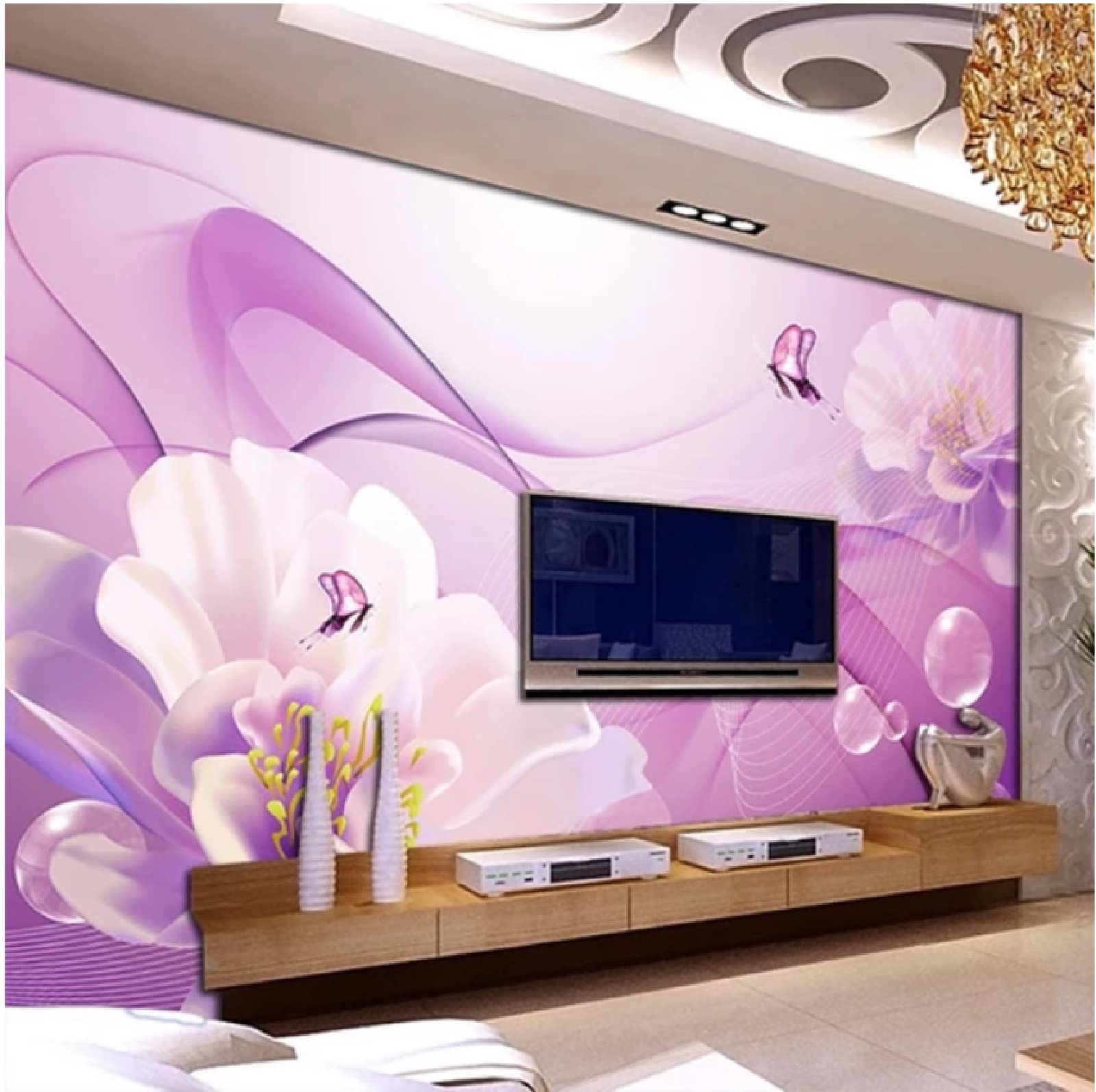 Custom Self-Adhesive Waterproof 3D Wallpaper - Modern Fantasy Purple Flower & Butterfly Mural for Living Room, TV Background, Sofa Decor (450x300cm) - Easy Peel & Stick Home Decor for Bedroom, Nursery, Office