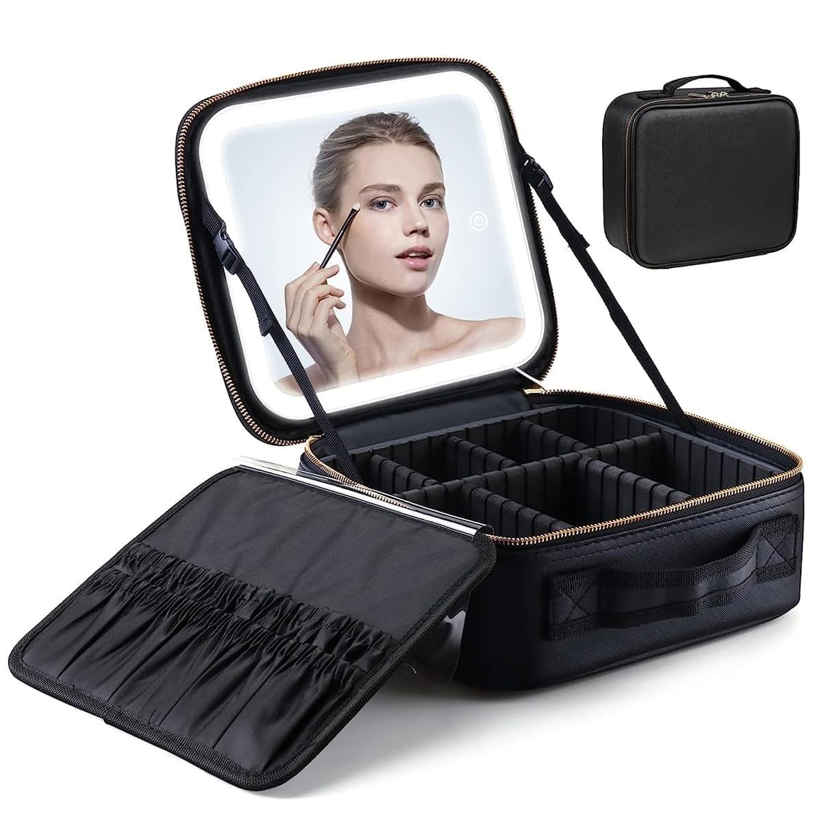 MASTANO Travel Makeup Bag with LED Lighted Mirror, 3-Color Adjustable Lighting & Jewelry Storage | Portable Cosmetic Organizer for Women | Adjustable Dividers & Brush Holder | Perfect for Travel, Home Vanity & On-the-Go Touchups (Black)