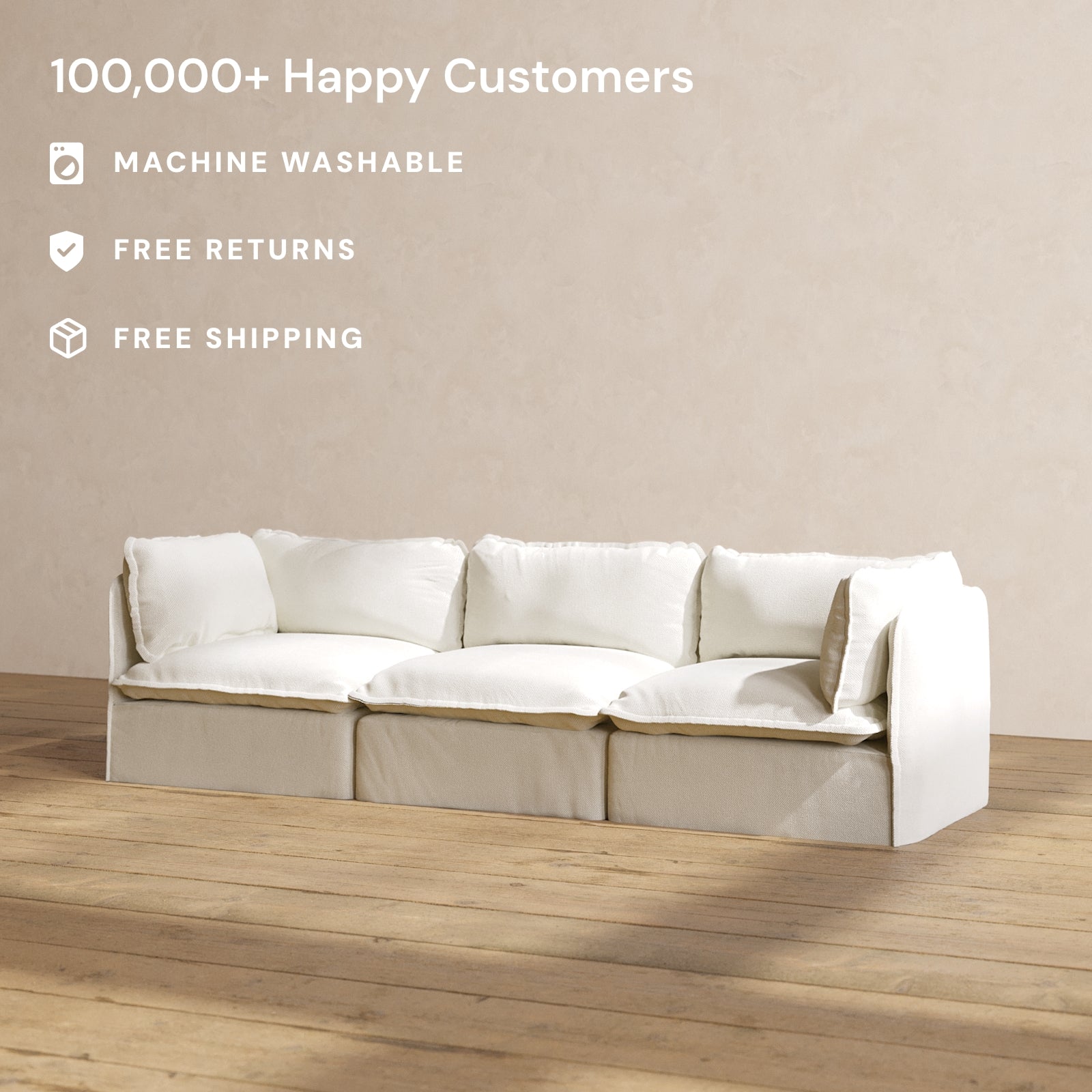 Premium Modular Performance 3-Seater Sofa in Eggshell White | Soft Relaxed Blend Fabric | Perfect for Living Rooms, Home Theaters & Cozy Family Gatherings