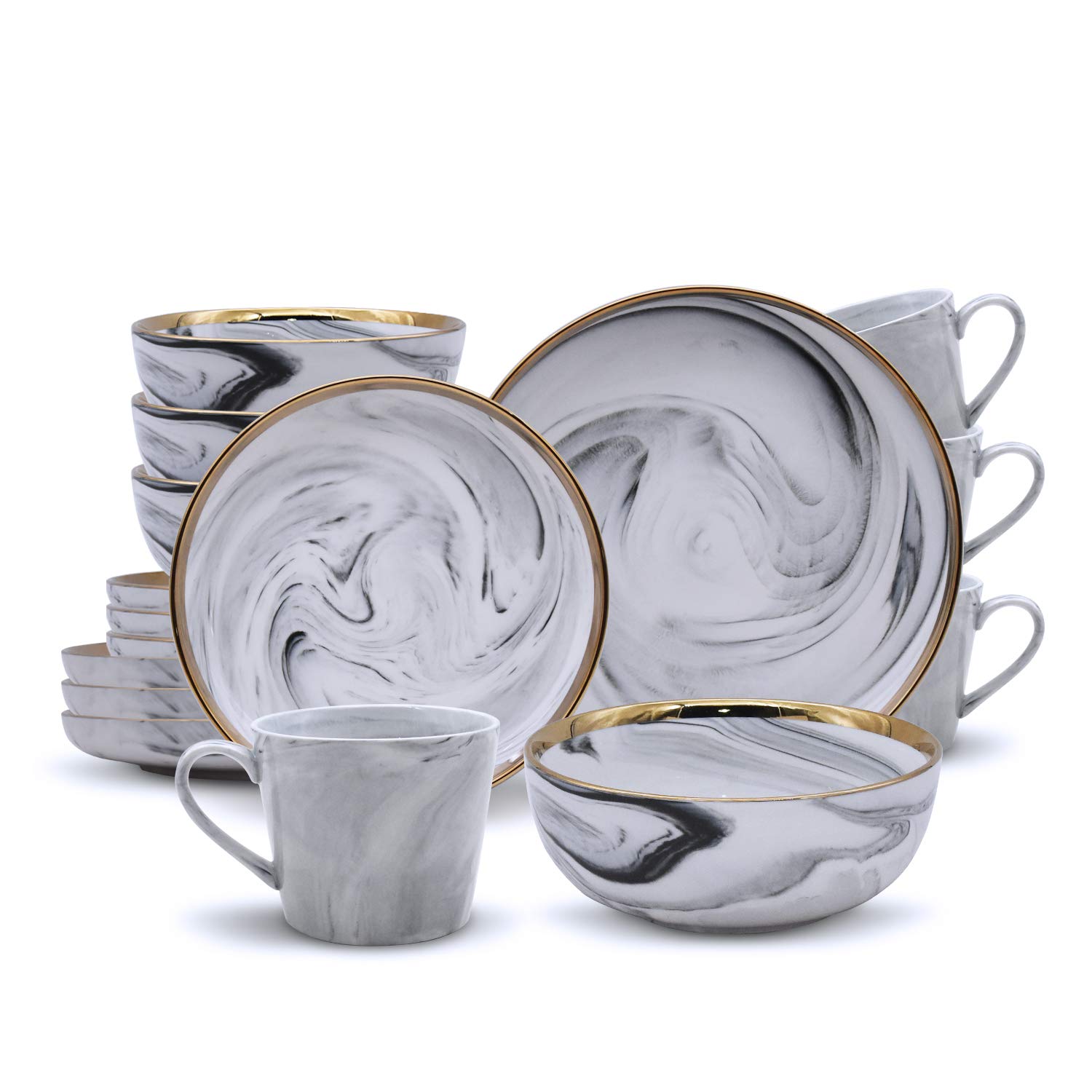 Elegant 16-Piece Gold-Plated Marble Dinnerware Set for 4 - Porcelain Dinner Plates, Dessert Plates, Ceramic Bowls & Mugs | Perfect for Home Kitchen, Dinner Parties & Holiday Gatherings