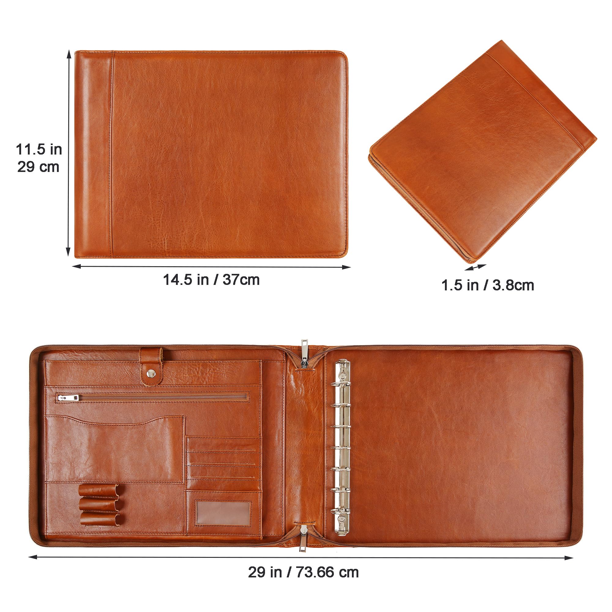 Premium Leather Business Checkbook Binder - 7-Ring Zippered Organizer with Checkbook Holder for 3 Per Page Checks, Holds 600 Checks & 9x13 Inch Sheets, Oil Brown - Ideal for Office, Accounting & Financial Management