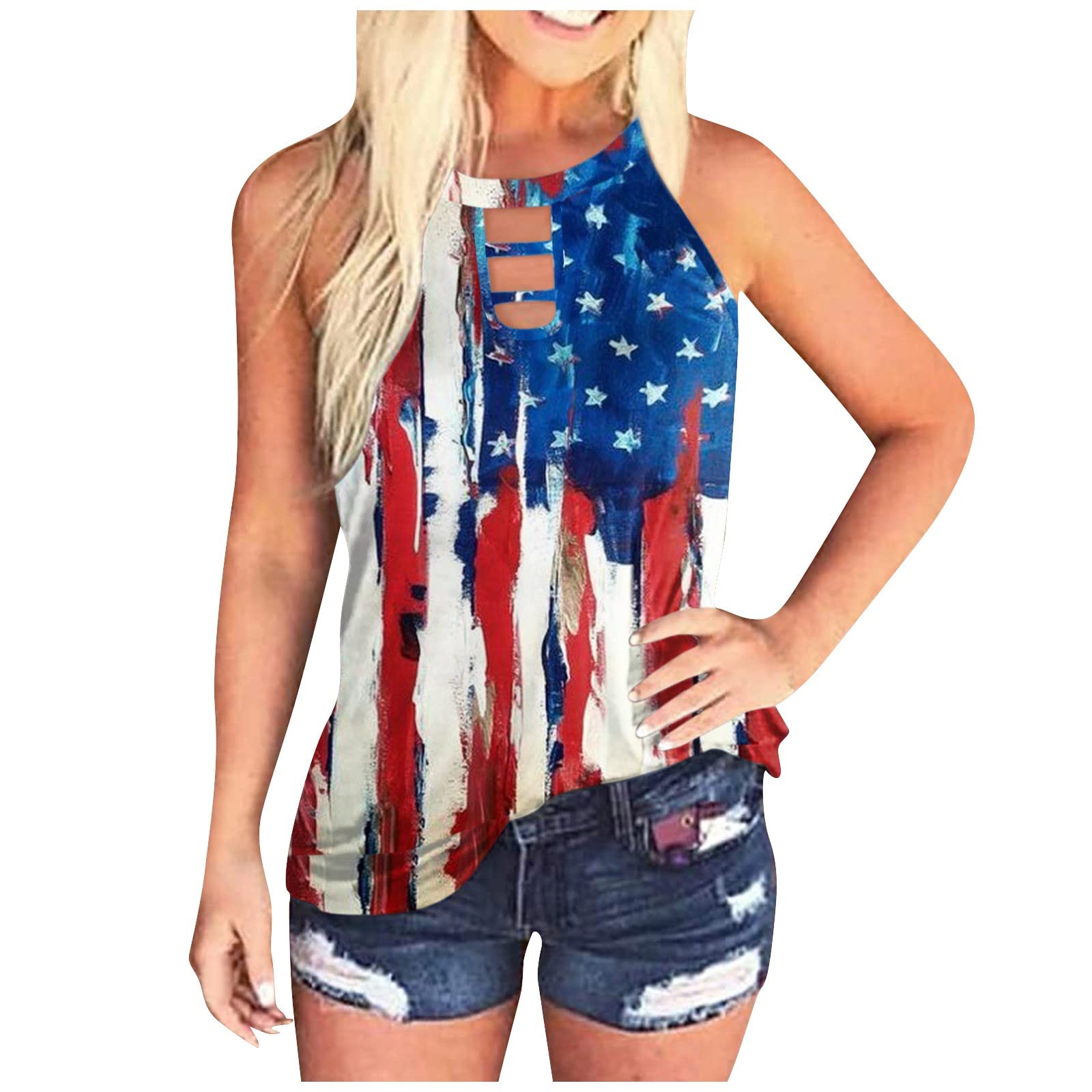 BISXOTY Women's Loose Fit Flowy American Flag Print Cut Out Vest Tank Top - Casual Holiday T-Shirt for Summer, Beach, Parties & 4th of July Celebrations
