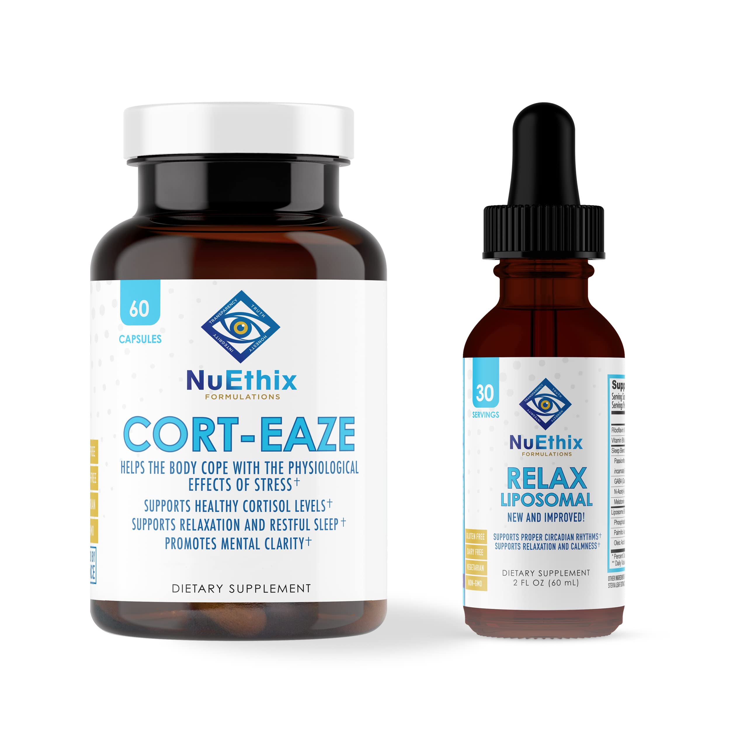 NuEthix Formulations Relaxation Supplement Bundle: Cort-Eaze Cortisol-Control Capsules (60 Count) & Relax Liposomal Liquid (2 fl oz) - Stress Relief, Anxiety Support for Work & Travel - 30 Servings Each