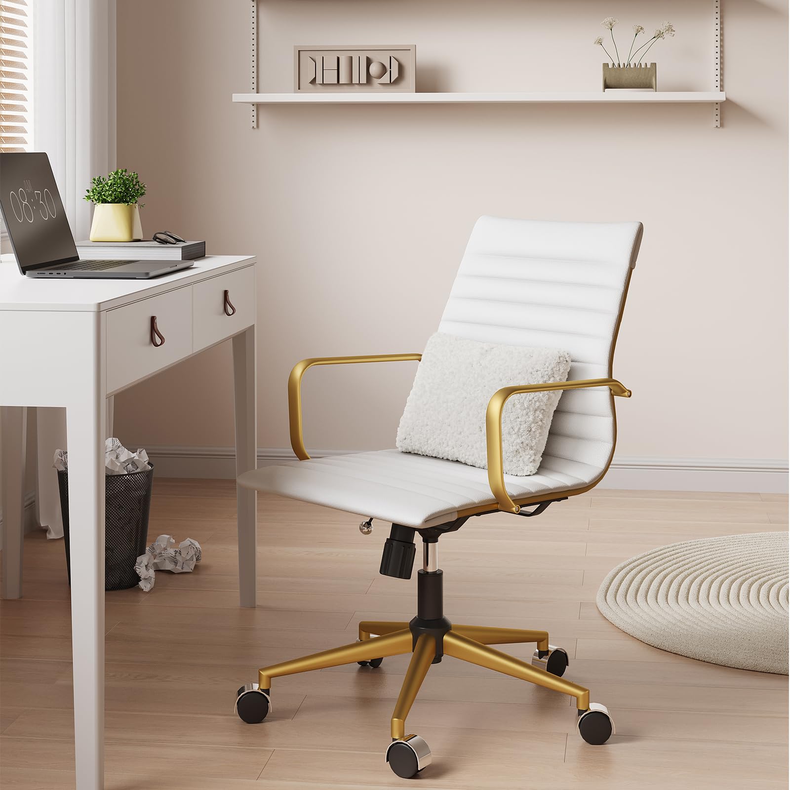 Ergonomic Computer Chair with Adjustable Swivel - White & Gold Office Desk Chair for Home & Work - Comfortable Support for Long Hours - Perfect for Gaming, Remote Work & Study Sessions