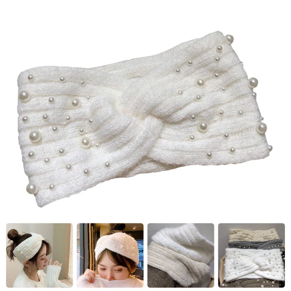 GALPADA Women's Pearl Winter Headband - Fuzzy Crochet Ear Warmer Headband for Women & Girls - Thick Cable Knit Warm Head Wrap for Cold Weather (White) | Perfect for Skiing, Snowboarding & Outdoor Winter Activities