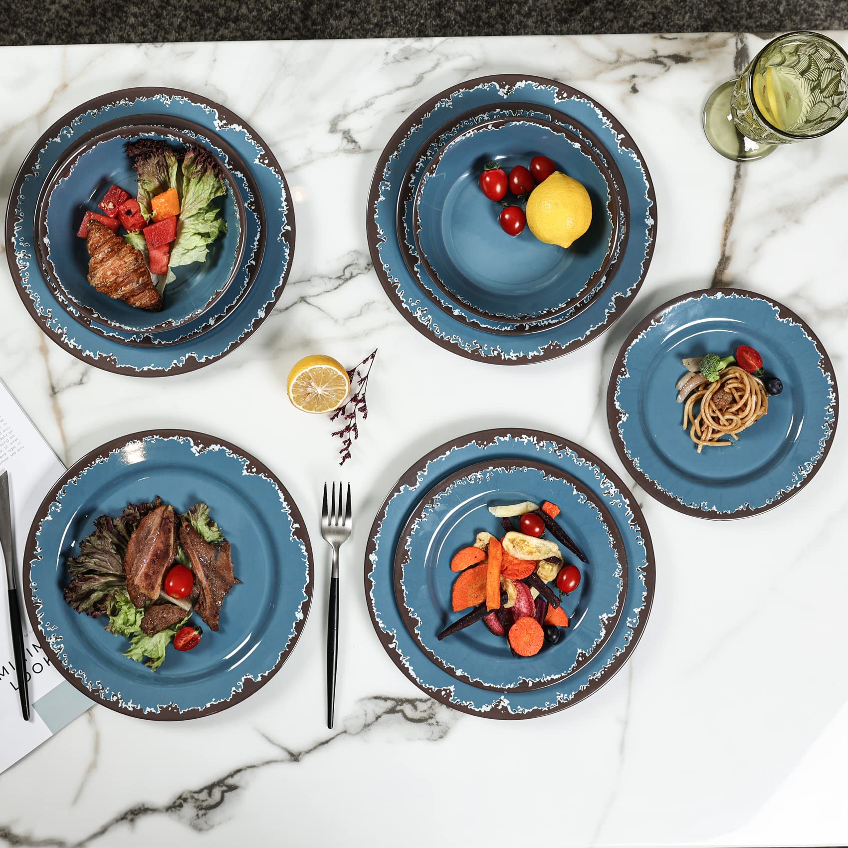 **Yinshine 12-Piece Melamine Dinnerware Set – Durable, Unbreakable Plates & Bowls in Blue – Lightweight for Outdoor Dining, Picnics & Camping**