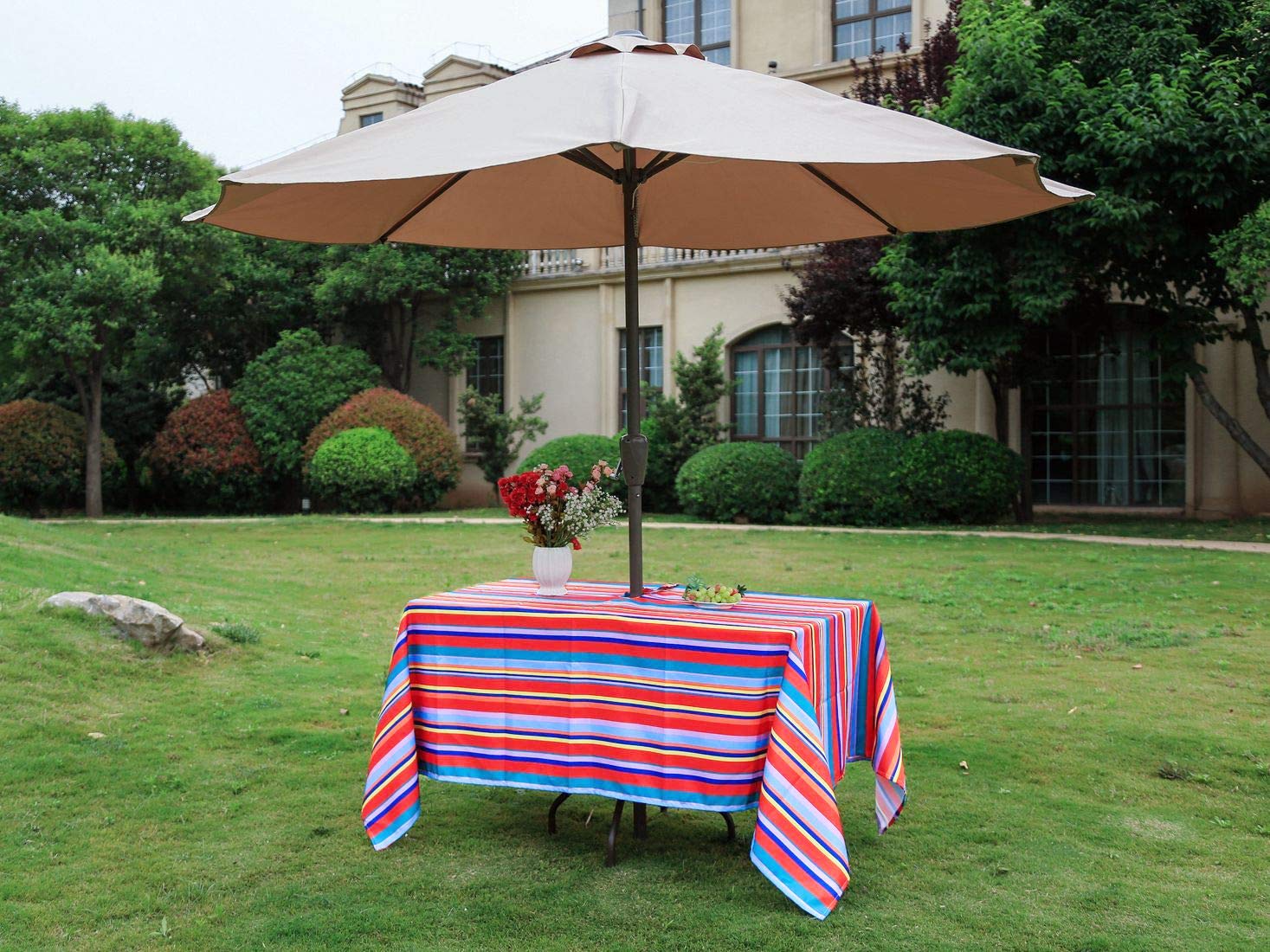 Poise3EHome Waterproof Outdoor Tablecloth with Umbrella Hole - Rainbow Striped Mexican Rectangular Table Cover (60X104 Inches) for Picnic, Patio, Camping & Spring Parties - Durable Zippered Design for Easy Use