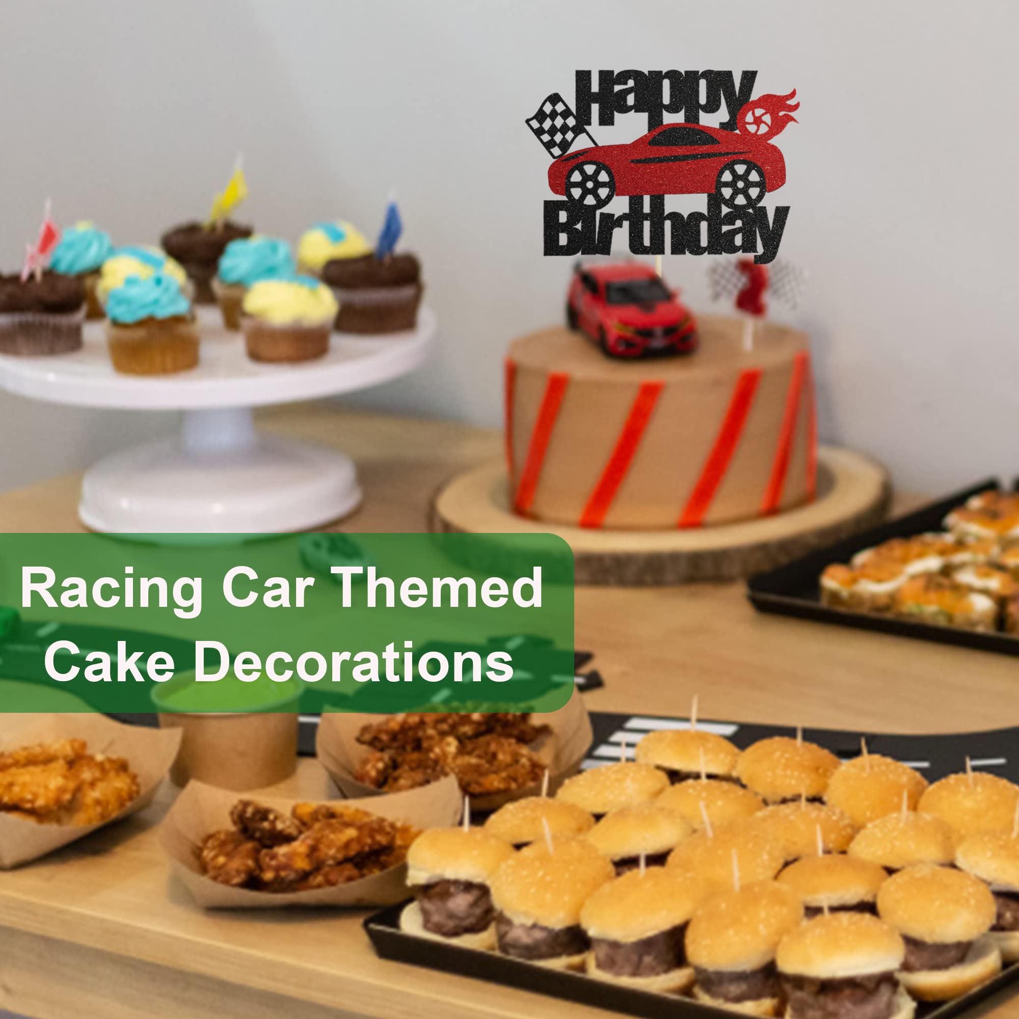 Siipoo Glitter Car Birthday Cake Topper - Black Red Glitter Race Car Decor for Race Car Themed Party Supplies, Perfect for Kids' Birthday Cakes and Decorations