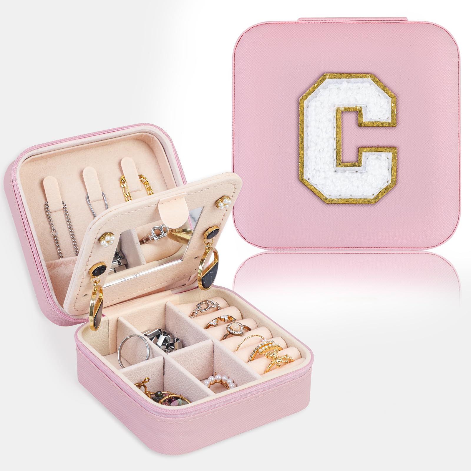 FUNARTY Pink Travel Jewelry Organizer Box with Mirror - Portable Jewelry Case for Necklaces & Earrings - Perfect Gift for Women - Compact Jewelry Storage for Travel, Home & Daily Use