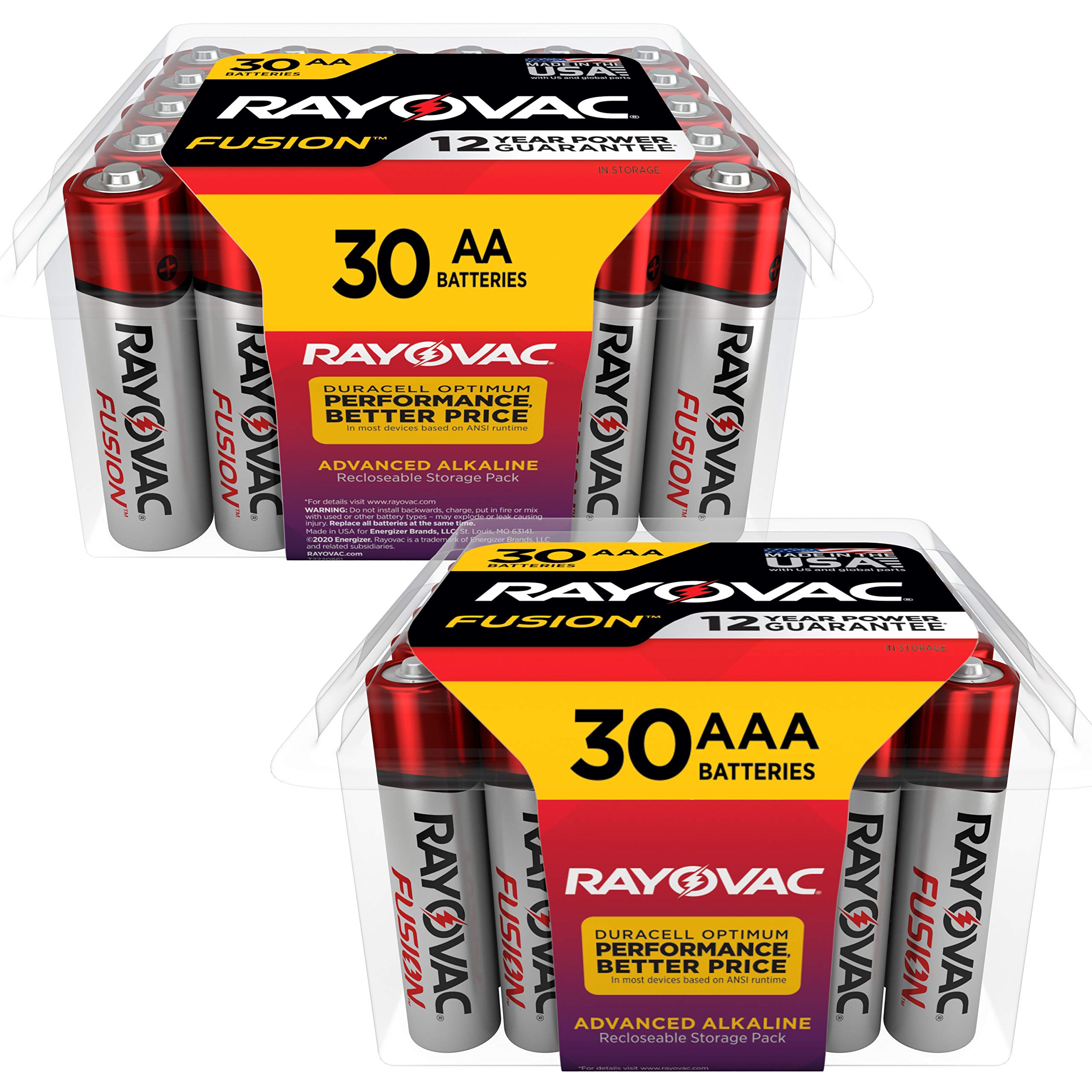 Rayovac Fusion AA and AAA Batteries Combo Pack - 30 Double A & 30 Triple A Alkaline Batteries (60 Count Total) | Long-Lasting Power for Toys, Flashlights, Remote Controls, and Electronic Devices