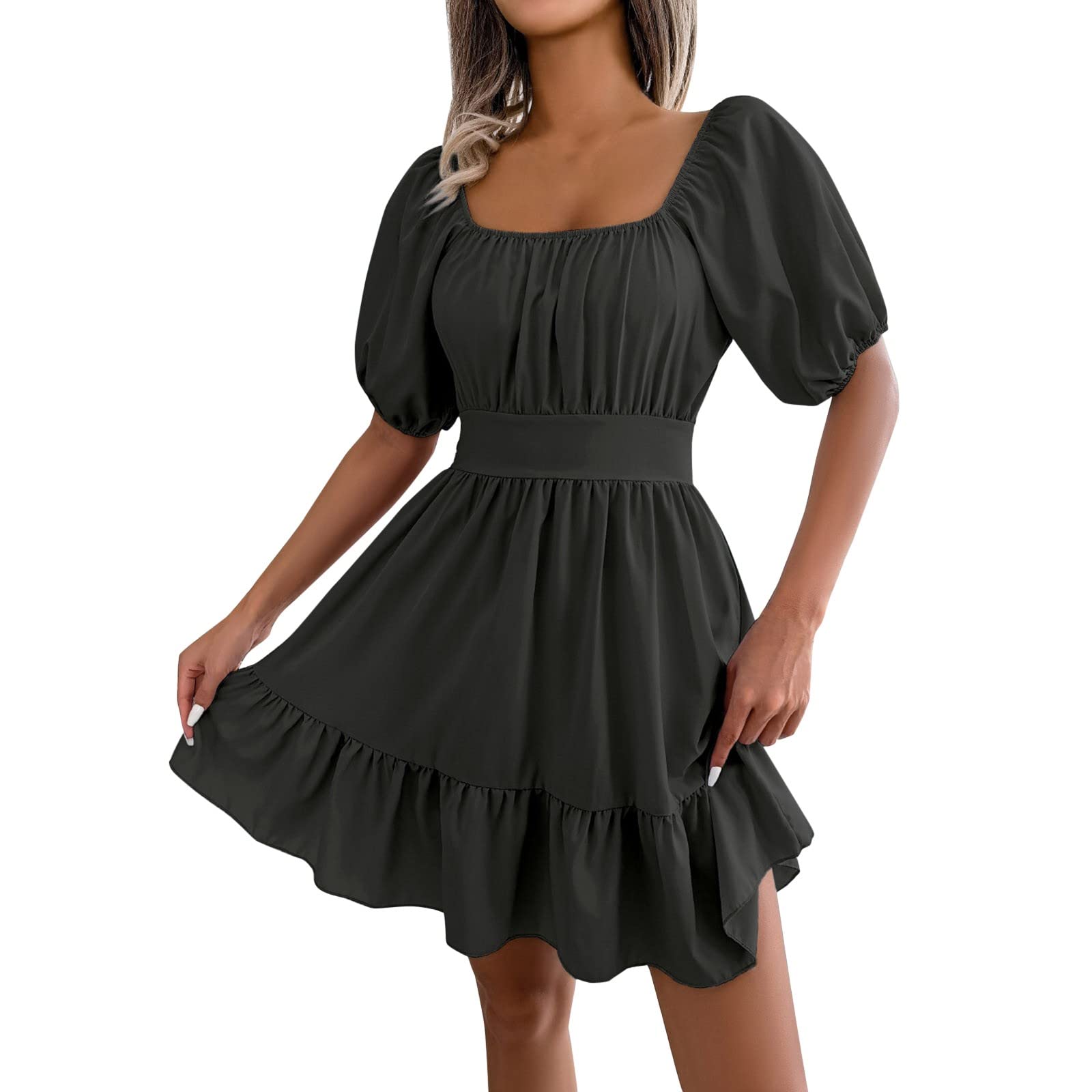 Women's Square Neck Summer Dress - Tie Back Short Sleeve Ruffled A-Line Midi Dress for Wedding Guest, Beach Vacation & Outdoor Parties | Flowy Casual Sundress for Women