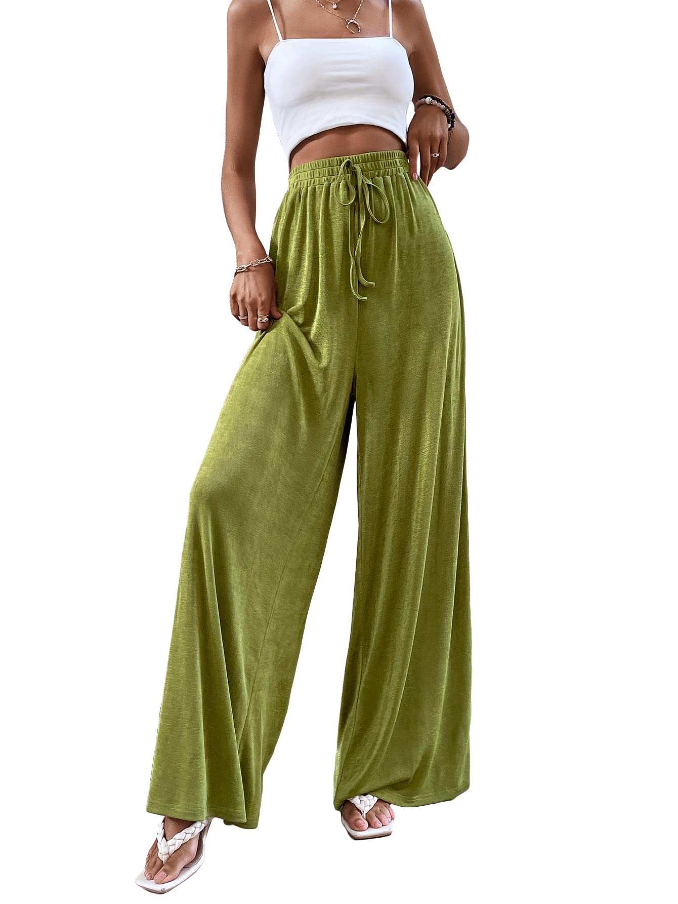 SheIn Women's High Waist Casual Wide Leg Long Pants with Tie Waist - Comfortable Loose Fit Trousers for Work, Office & Everyday Wear
