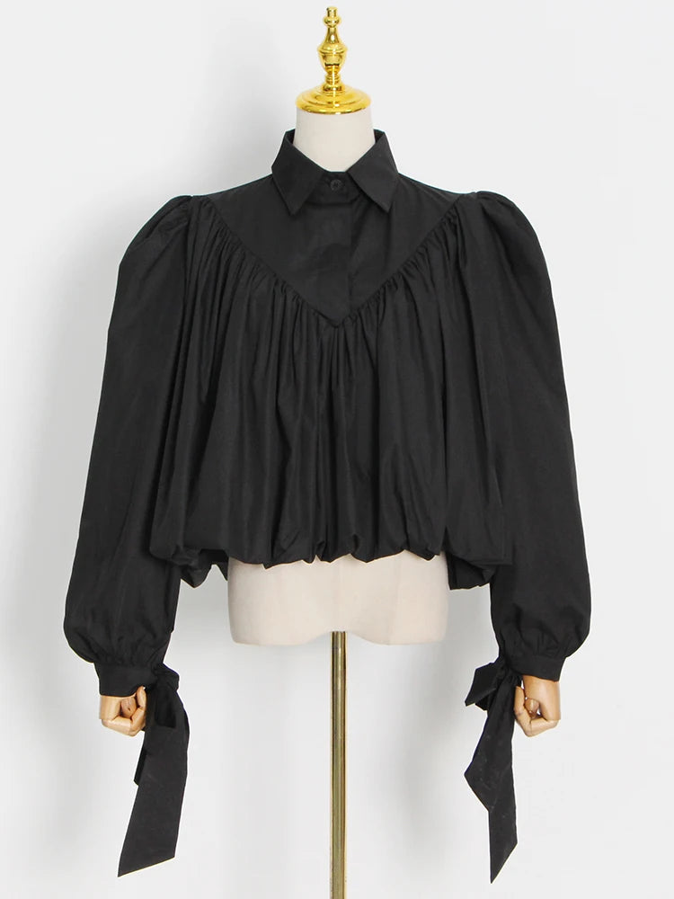 Stylish Black Casual Shirt for Women - Lapel Collar Long Sleeve Patchwork Pleated Blouse | Spring Fashion Essential for Office, Dating & Everyday Wear