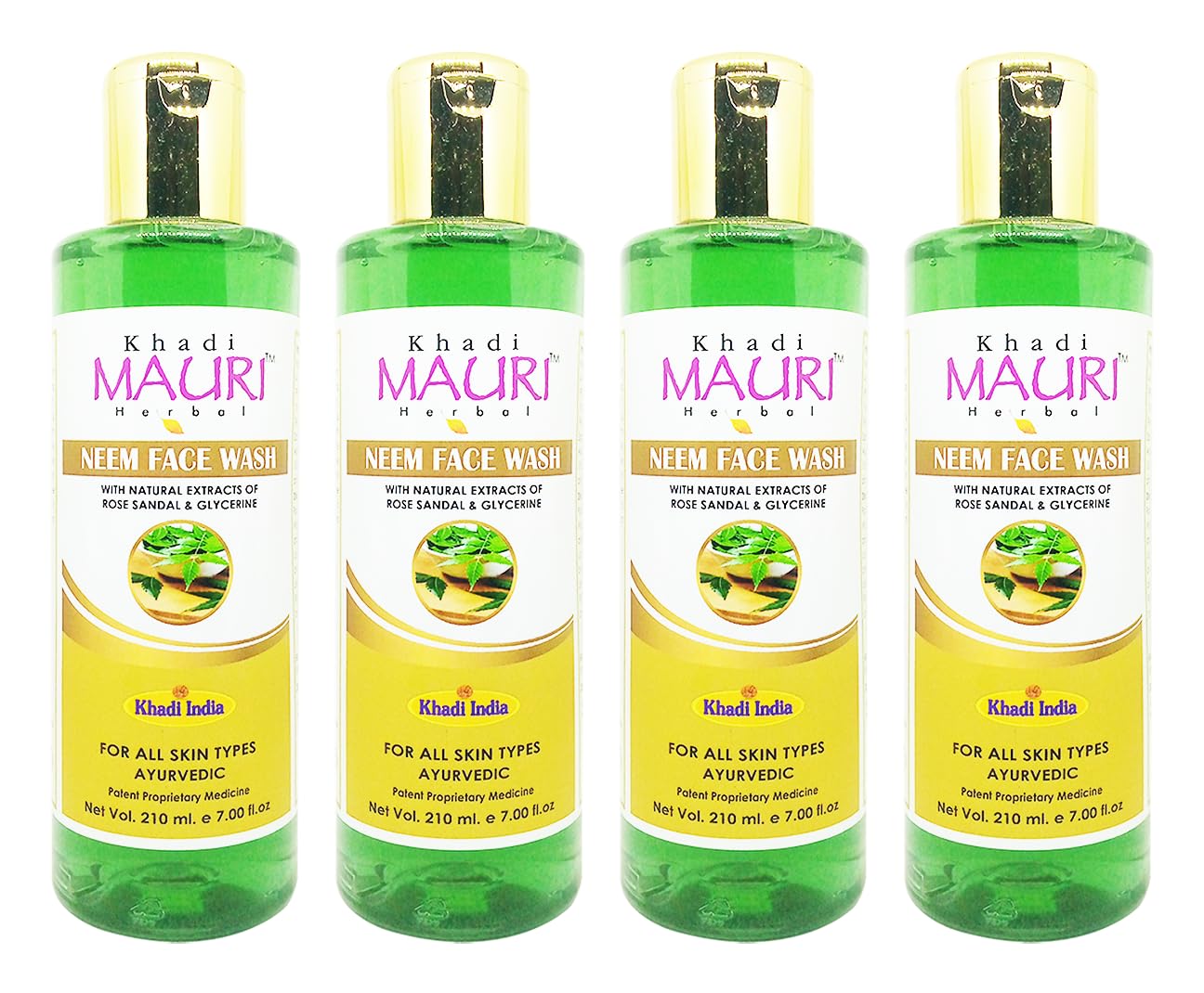 Khadi Mauri Neem Face Wash for Acne & Oily Skin - 4 Pack (840ml Total) | Ayurvedic Herbal Cleanser for Daily Skincare Routine & Deep Pore Cleansing | Perfect for Morning & Night Face Care Regimen