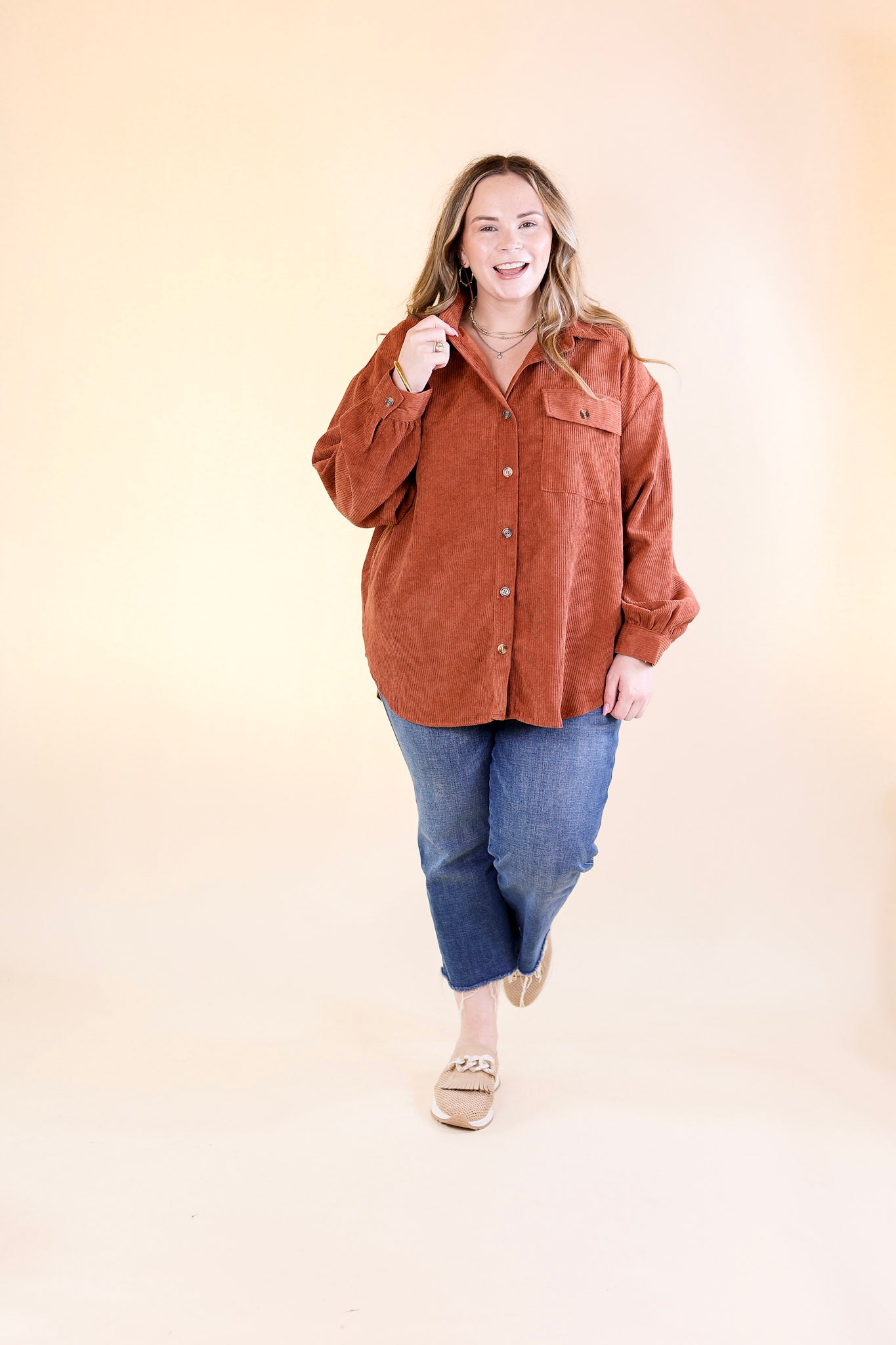Rust Brown Corduroy Shacket for Women - Stylish Button Up Jacket for Fall & Winter Fashion | Perfect for Casual Outings, Work & Layering