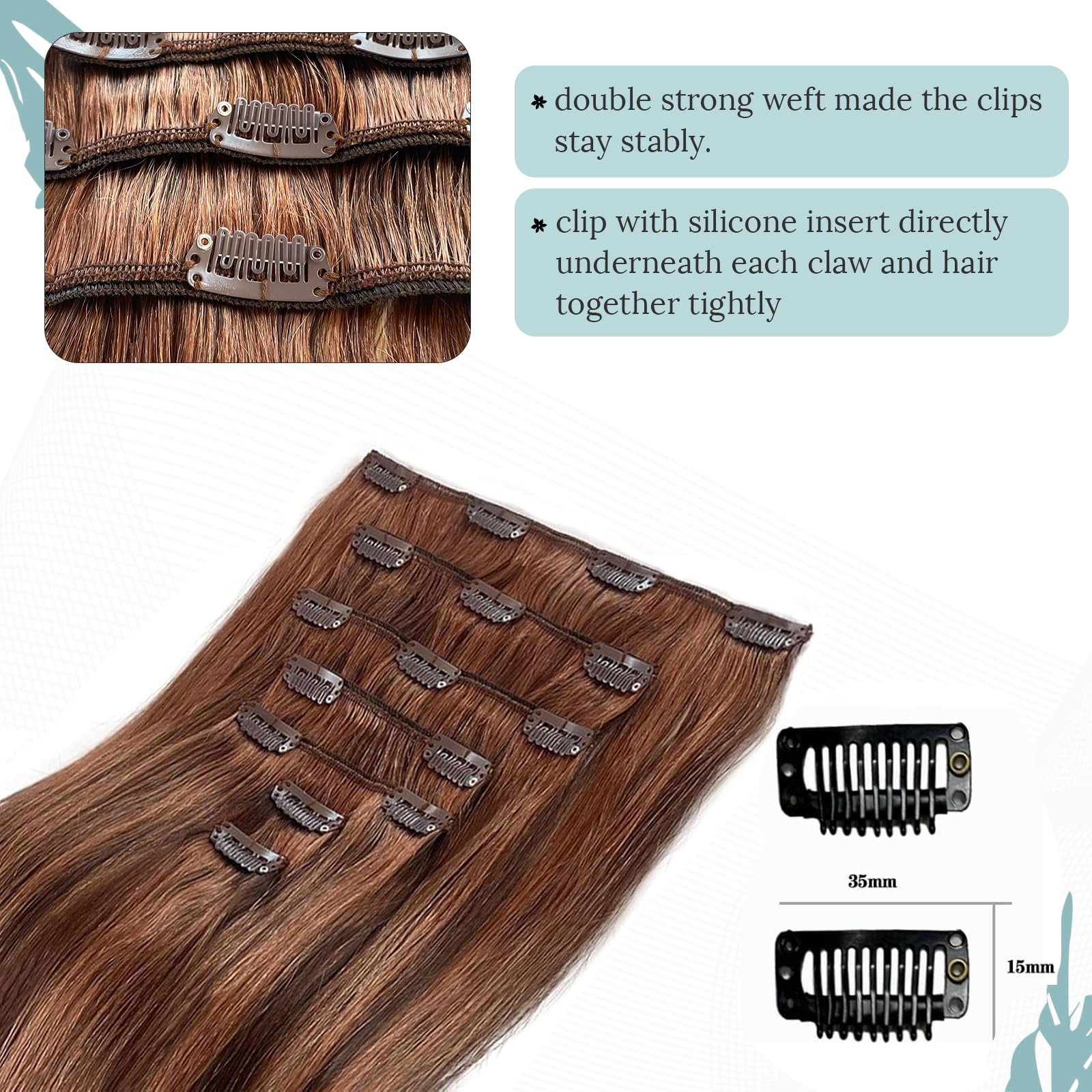 70g Clip-in Human Hair Extensions - Brown Balayage with Blonde Highlights, Double Weft Silky Straight Remy Hair (7Pcs, 18inch) for Volume & Length - Perfect for Parties, Weddings & Daily Styling