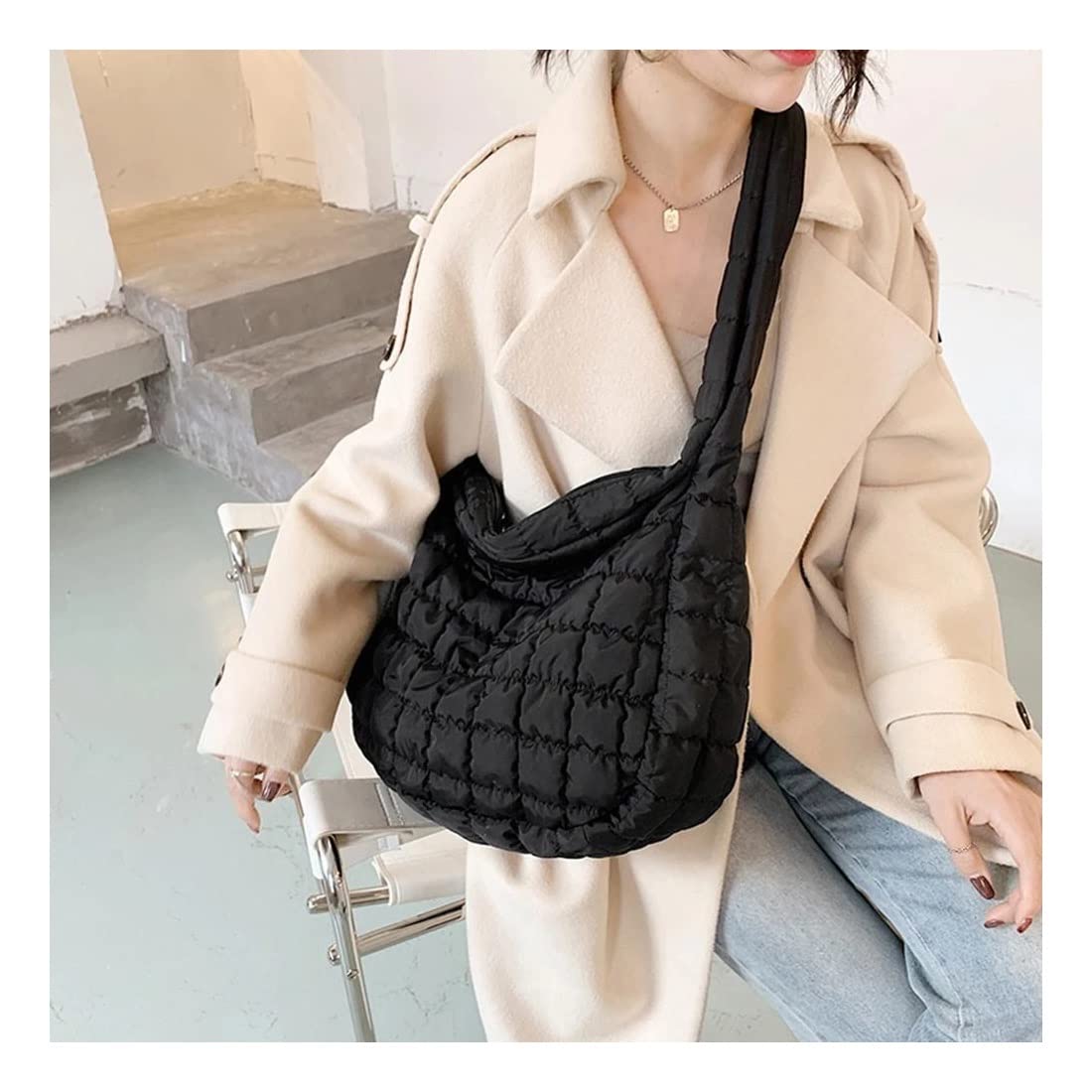 Women's Large Capacity Quilted Shoulder Bag - Cotton Feather Padded Tote Handbag for Work, Travel & Shopping (Multiple Colors) | Perfect for Office, Beach & Daily Commute