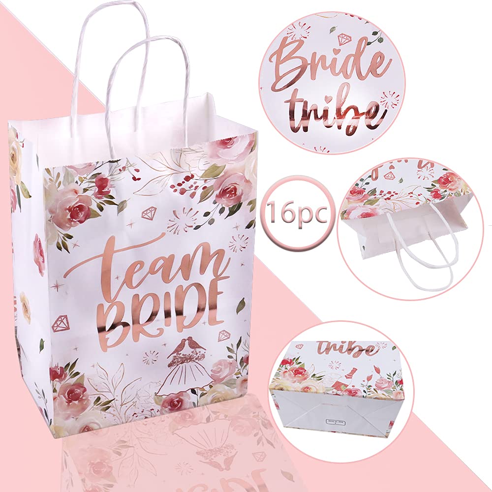 Team Bride Bags with Handles - Rose Gold Floral Bridesmaid Gift Bags for Bachelorette Party, Bridal Shower & Wedding Favors - Perfect for Bride Tribe, Hen Party & Wedding Decorations