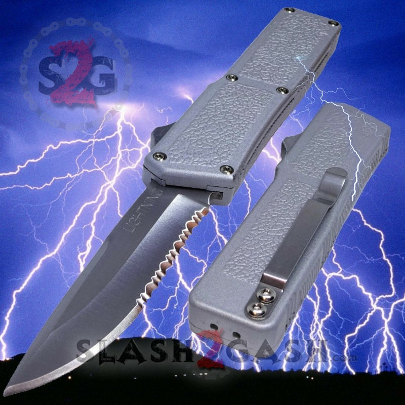 Lightning OTF Dual Action Automatic Knife - Silver Satin Serrated Blade for Outdoor Camping, Hunting & Everyday Carry (EDC)