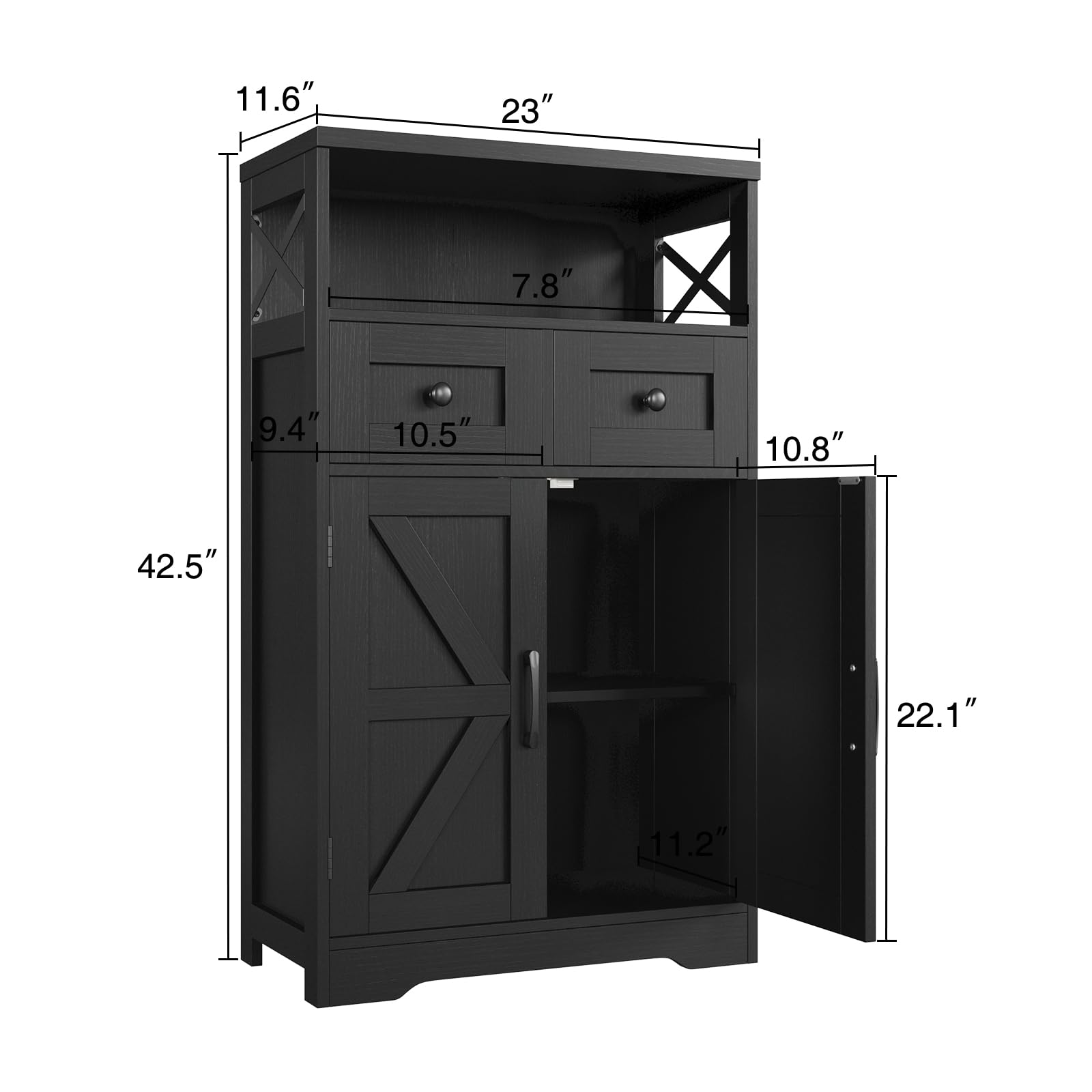 Black Farmhouse Kitchen Pantry Cabinet with Doors & Shelves - Freestanding Floor Hutch Cupboard for Coffee Bar Storage - Perfect for Kitchen, Laundry Room & Living Room Organization