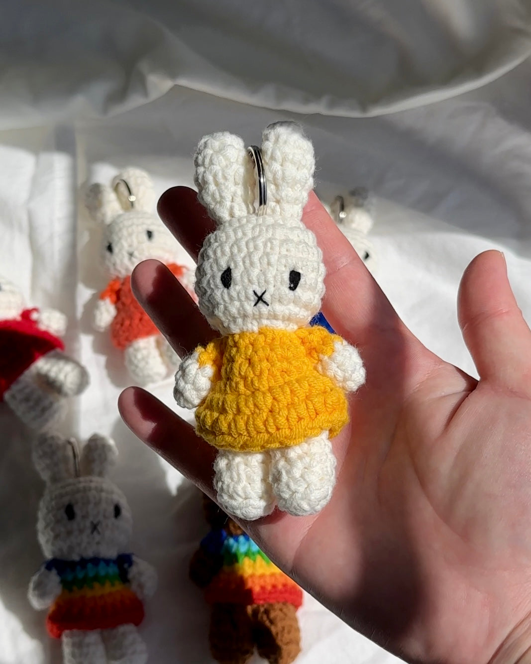 Handmade Miffy Crochet Keychain with Yellow Dress - Cute Bunny Plush Bag Charm for Keys & Backpacks | Kawaii Summer Gift for Girls, Teens & Anime Fans | Perfect for School, Travel & Everyday Use