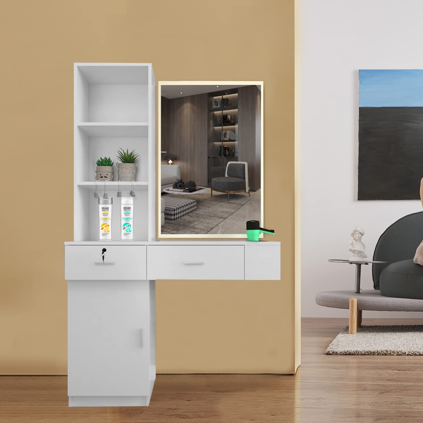 Professional Hairdressing Dresser Cabinet - Barber Salon Station with Double Doors, 5-Tier Rolling Storage Drawers & 3 Open Shelves - White Beauty Salon Storage Organizer for Styling Tools & Products | Perfect for Barber Shops, Hair Salons & Home Spa Setups