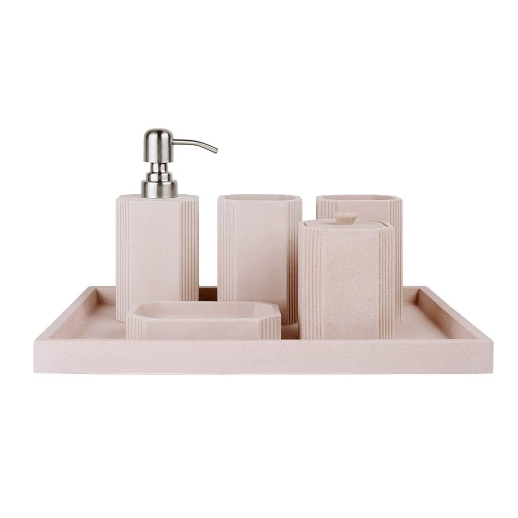 6-Piece Natural Sandstone Soap Dispenser Set - Modern Bathroom Vanity Accessories with Pump Bottle for Liquid Soap & Lotion | Perfect for Kitchen Countertop, Bathroom Sink & Guest Bath Decor (Pink)
