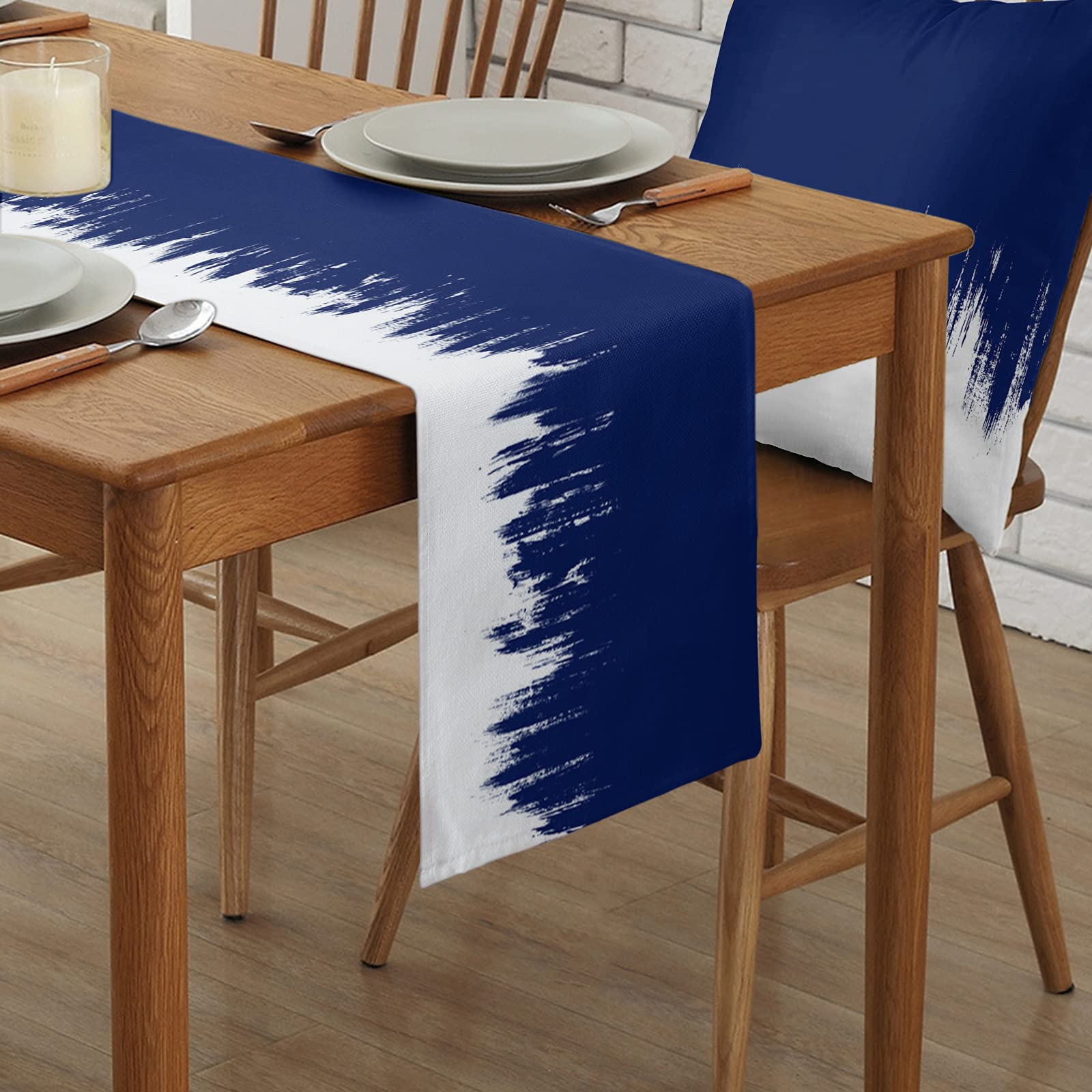 Navy Blue & White Textured Cotton Linen Table Runner - 36 Inch Long Modern Abstract Burlap Table Decor for Dining, Coffee Tables, Parties & Weddings | Perfect for Farmhouse, Rustic & Boho Home Decor