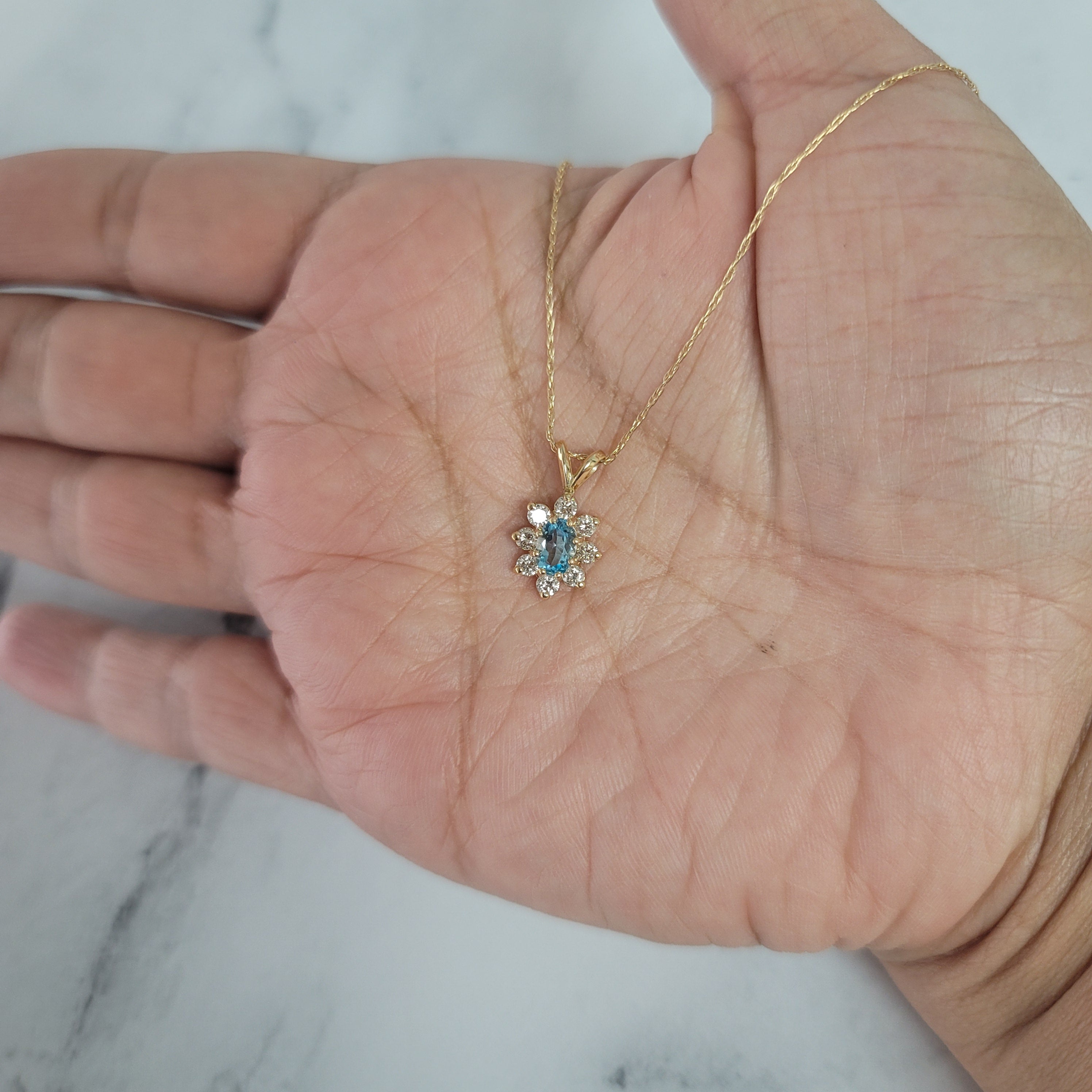 Elegant Small Blue Topaz Diamond Halo Necklace .90cttw - Perfect for Weddings, Anniversaries & Special Occasions