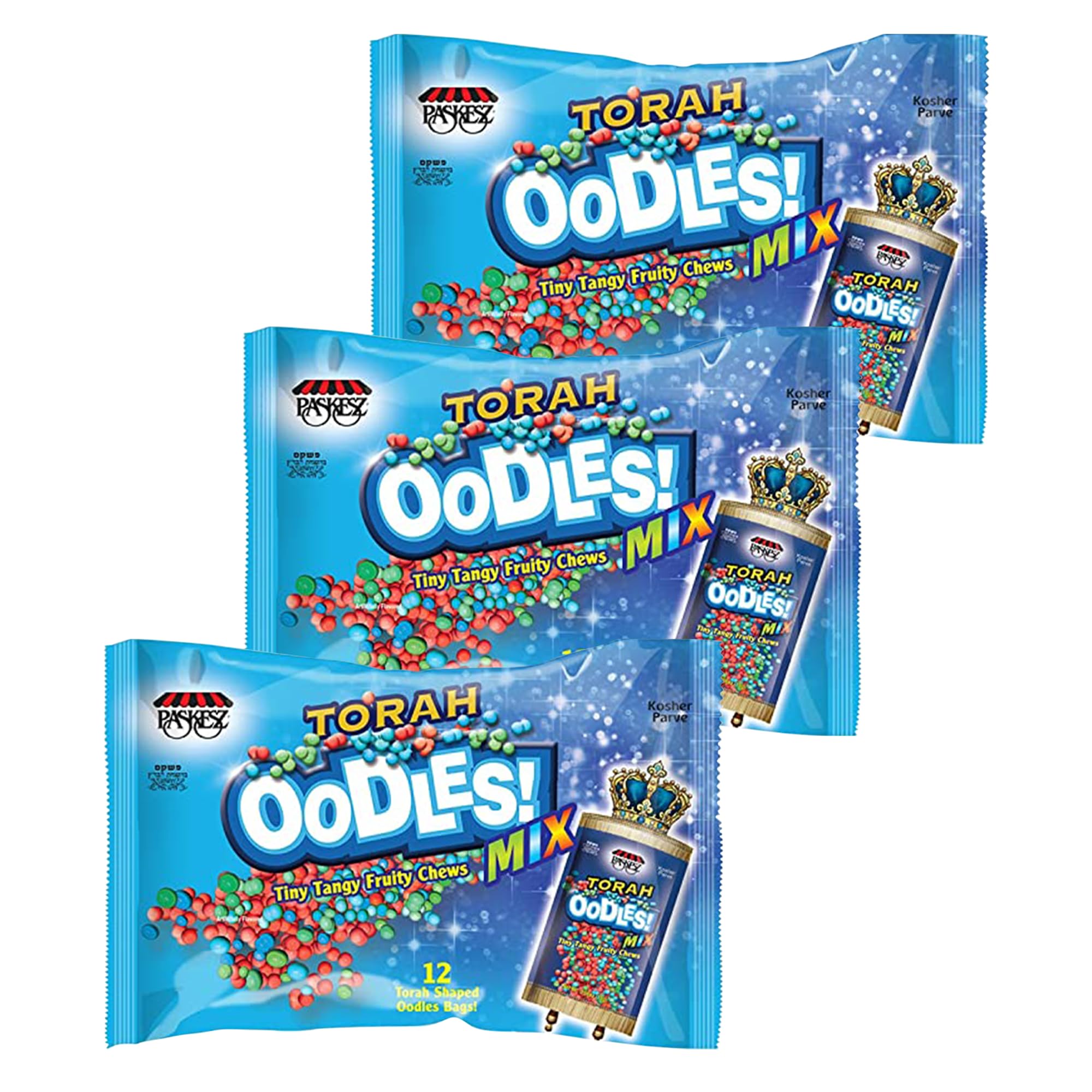 Kosher Certified Oodles Mix Flavored Tiny Tangy Fruity Chews Candy - 12 Torah Shaped Pouch Bags (Pack of 3) | Parve Kosher Candy for Hanukkah, Purim, Passover & Jewish Holidays | Perfect for Party Favors, Gift Baskets & Snacking
