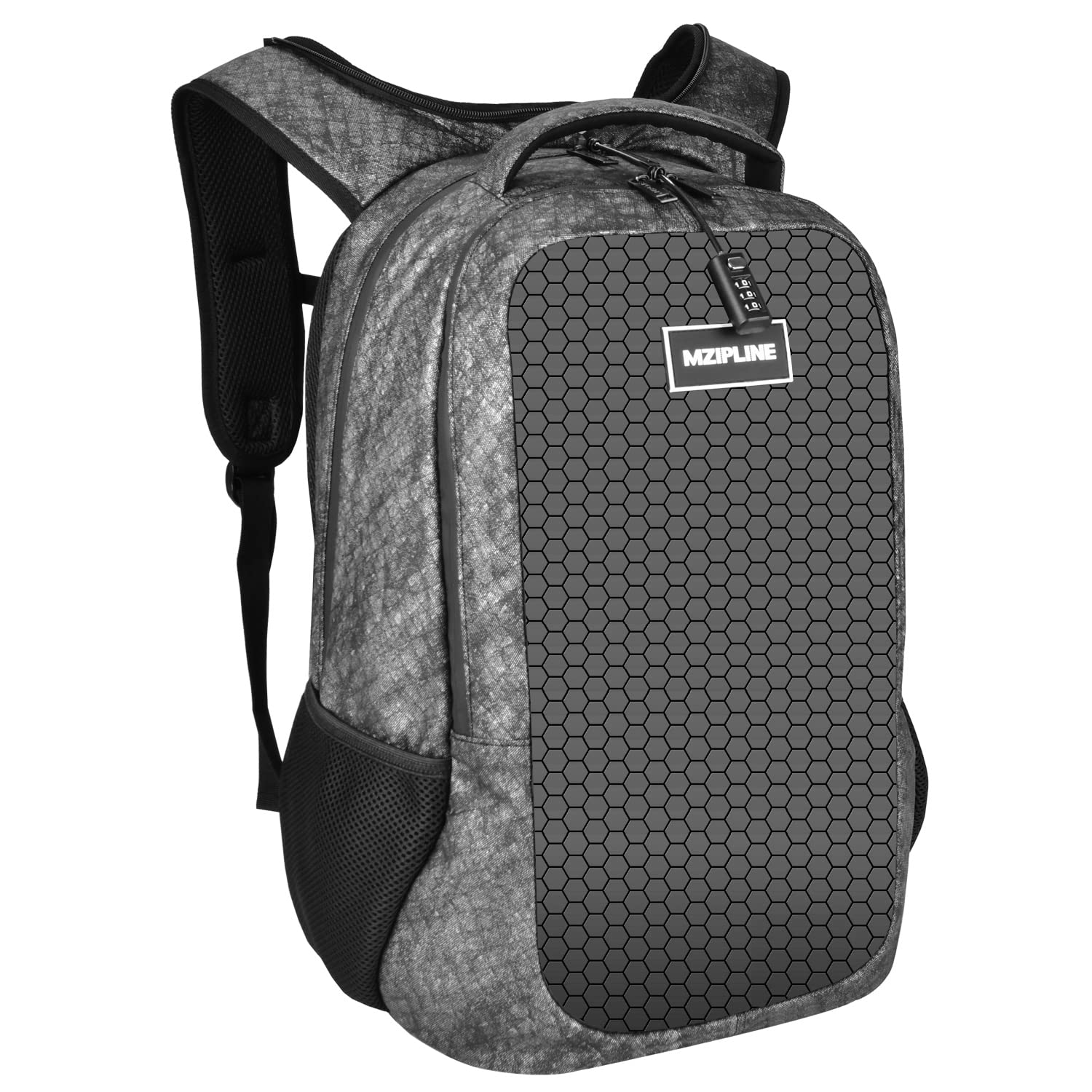 Anti-Theft Travel Backpack with Combination Lock & Hoodie - Large Laptop Business Daypack for Men & Women - Durable College Backpack for Commuting & Outdoor Adventures (Camo Grey)