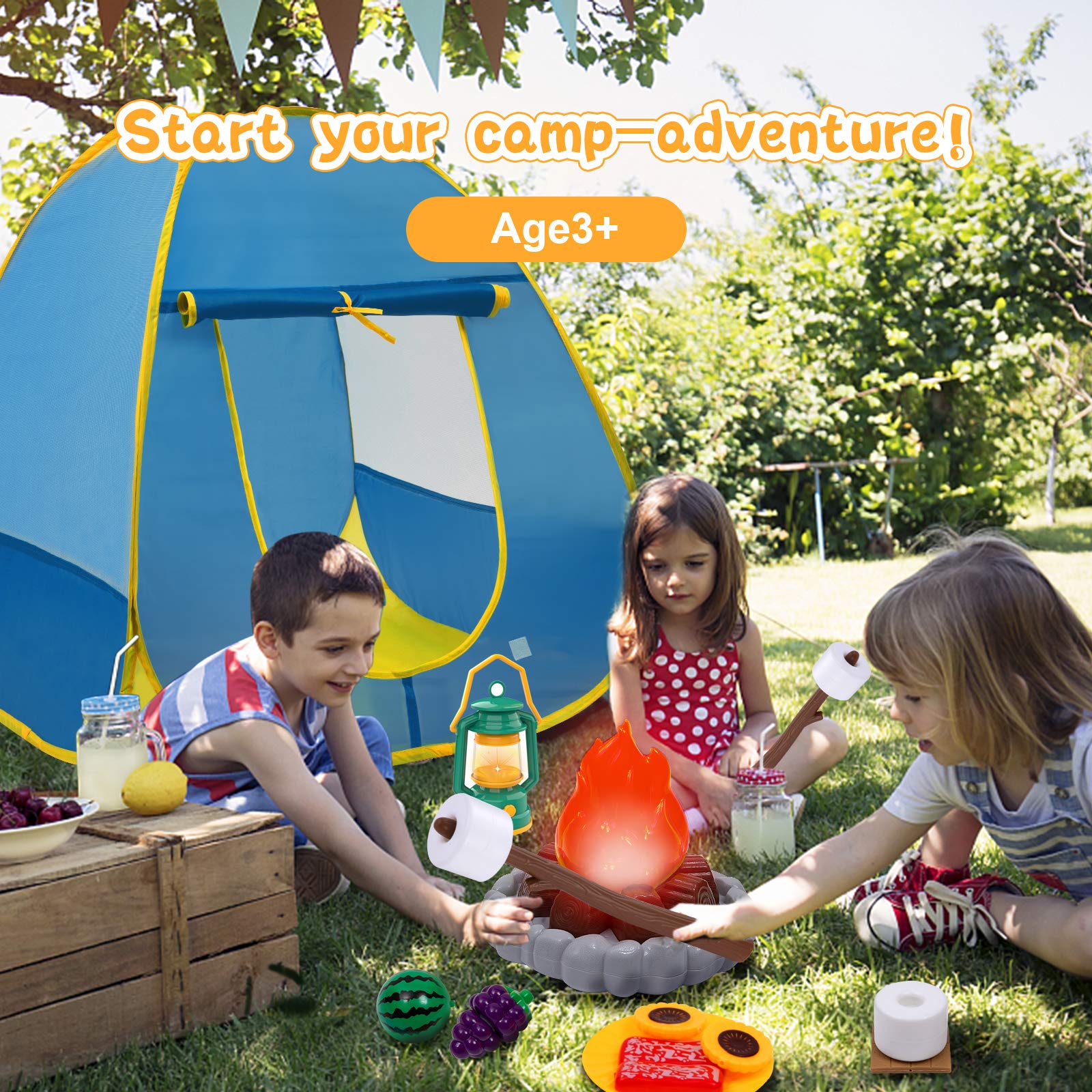 MITCIEN Pretend Camping Toys Play Set for Kids - Campfire, Play Food, Oil Lantern, Cutting Fruits & Vegetables, S'Mores - Educational Outdoor & Indoor Pretend Play Toys for Toddlers (Perfect for Backyard Camping, Playdates & Imaginative Play)