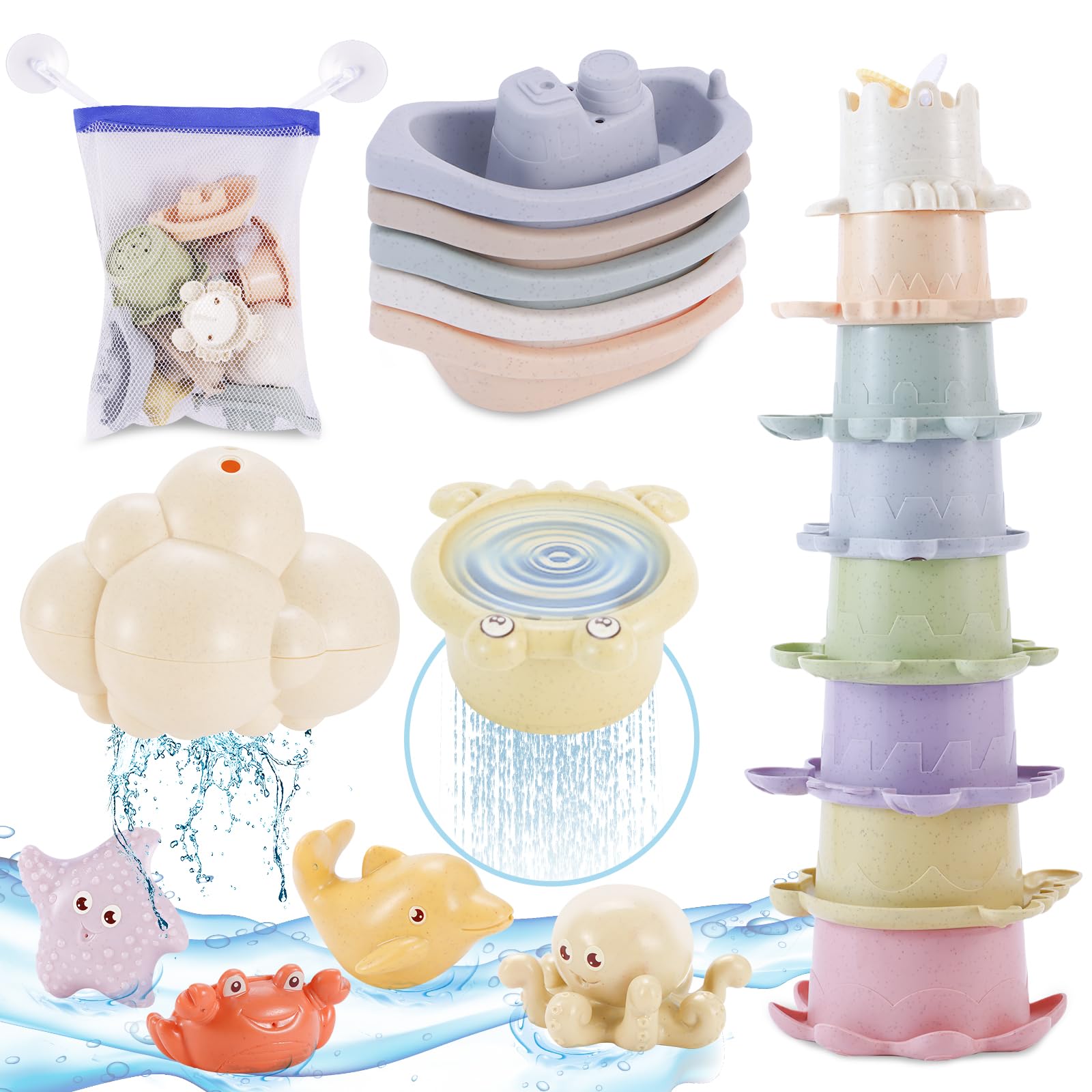 Chinloca Bath Toys for Toddlers & Kids - Fun Baby Bathtub Toys Set with Boats, Stacking Cups & Squirters | Perfect for Sensory Play, Bath Time Learning & Water Play Activities