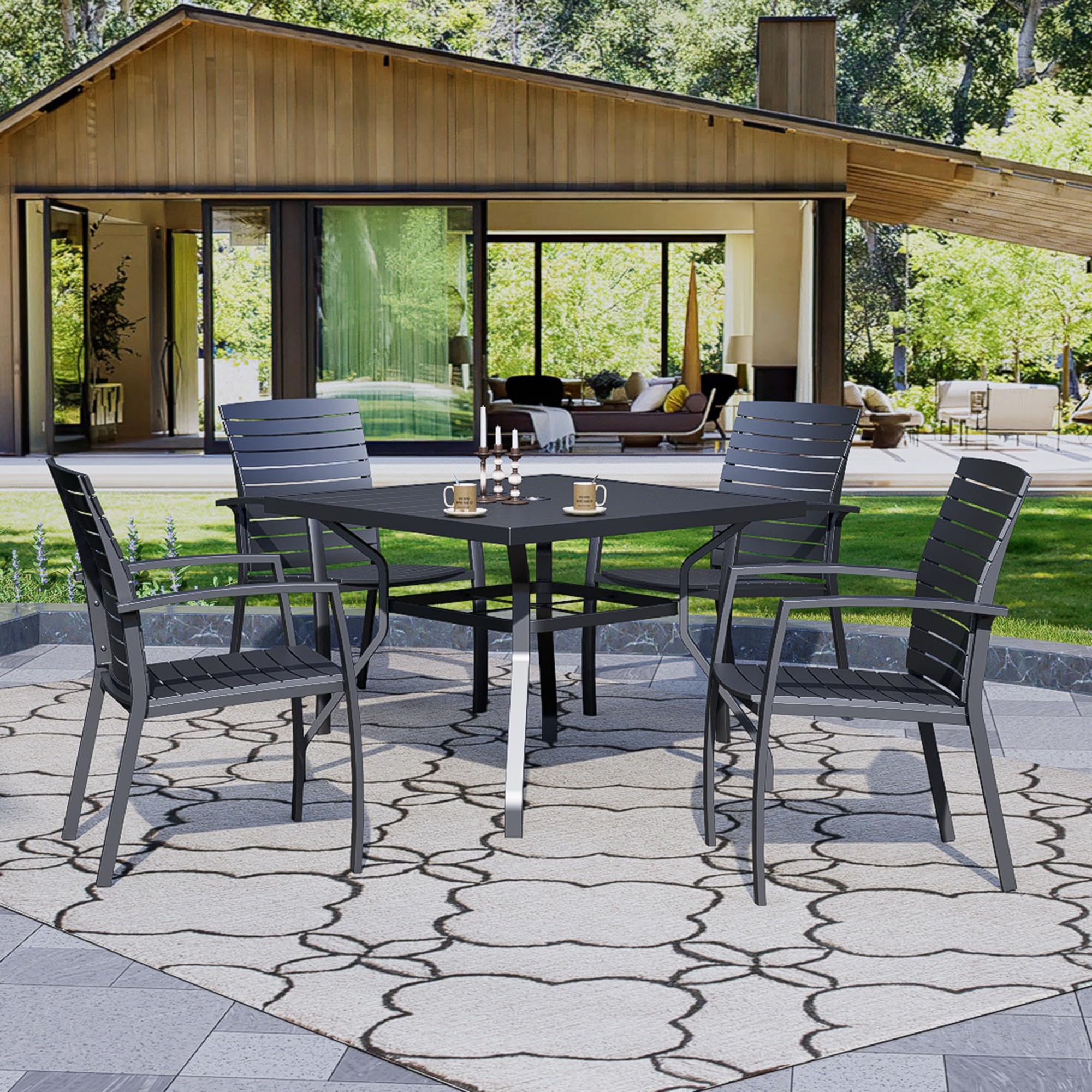 Outdoor Square Bistro Table 37x37 Inch - Black Metal Steel Picnic Table with 1.57