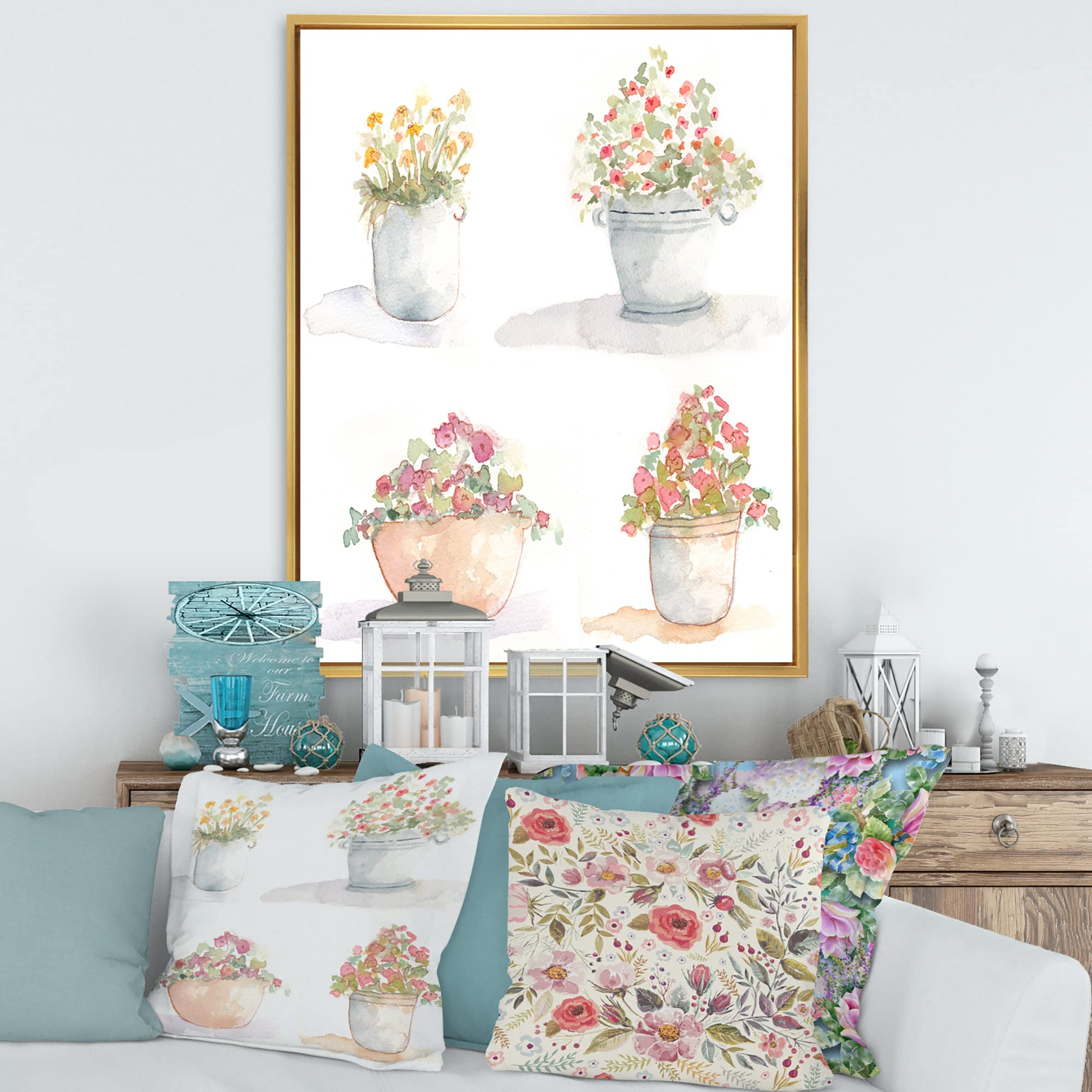 DesignQ Four Outdoor Flower Pots - Traditional Framed Canvas Wall Art Print for Home & Garden Decor | Perfect for Living Room, Bedroom, Patio
