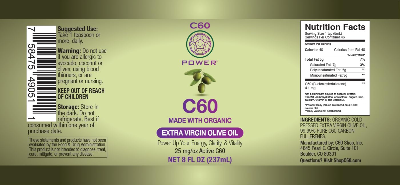 Organic C60 Purple Power Extra Virgin Olive Oil (8 Fl Oz) - 99.99% Pure Carbon 60 Antioxidant Supplement - Third-Party Tested for Purity & Quality - USA Made - Supports Cellular Health & Anti-Aging - Perfect for Daily Wellness Routine & Immune Boost