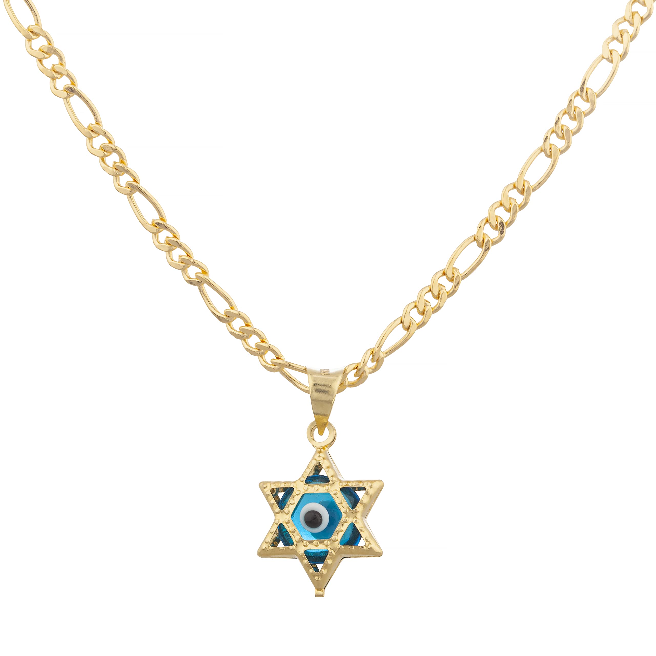 14K Yellow Gold Star of David Evil Eye Pendant Necklace - 18 Inch Gold Overlay Figaro Chain - Spiritual Protection Jewelry for Women & Men - Perfect for Gifts, Daily Wear & Special Occasions