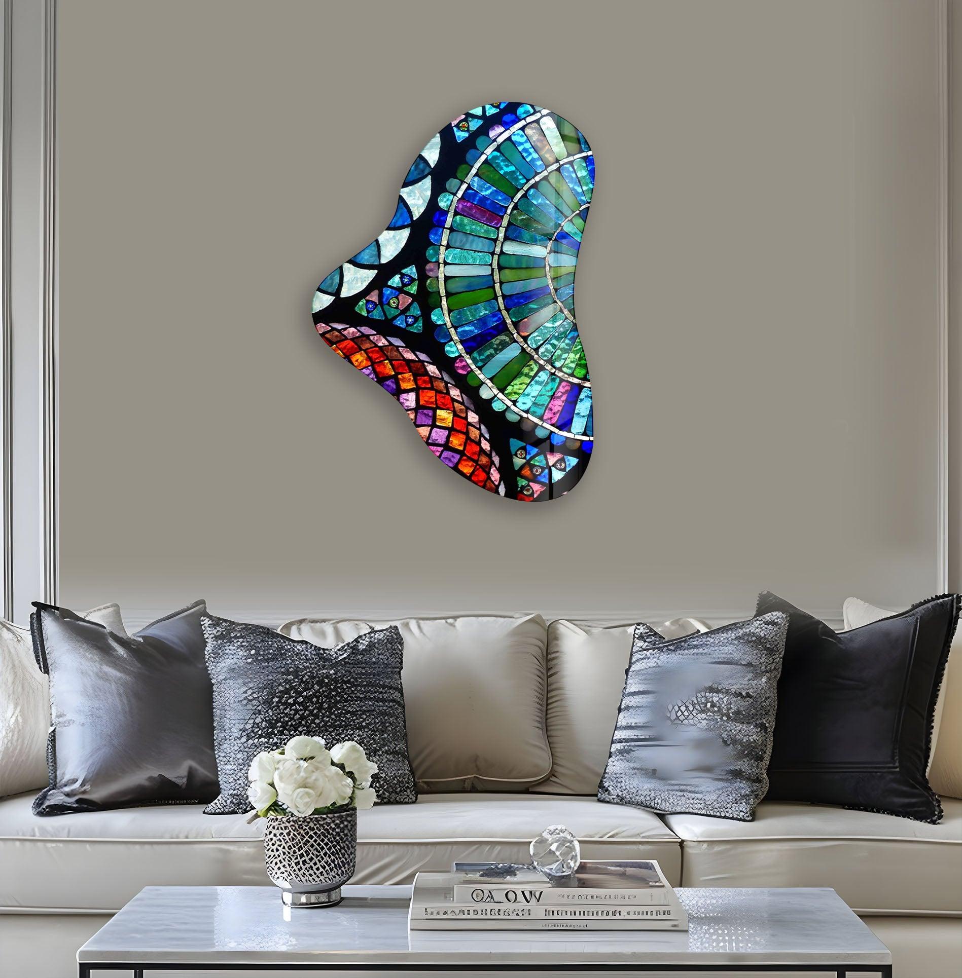 Blue Mosaic Asymmetric Glass Wall Art - Handmade Modern Abstract Decor for Living Room, Bedroom & Office - Unique Home Decor Gift Idea