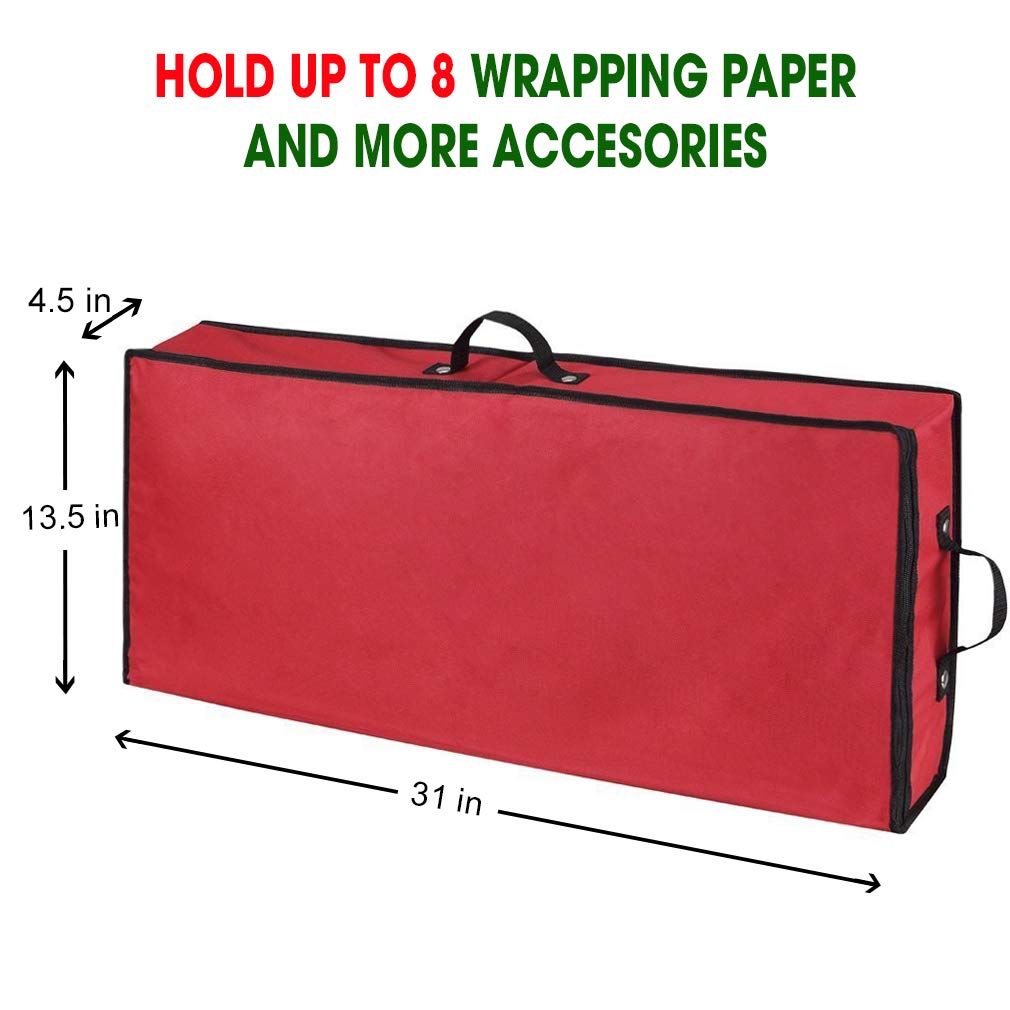 Primode Wrapping Paper Storage Container - Under Bed Gift Wrap Organizer for 30 Inch Rolls | 31”x13.5”x4.5” | 600D Oxford Fabric Storage Box with Pockets for Ribbon, Bows & Accessories (Red) | Perfect for Holiday Gift Wrapping, Birthday Parties & Craft Organization