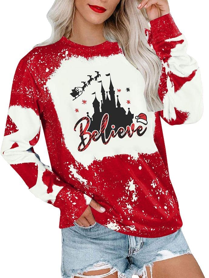 MOUSYA Women's Believe Christmas Graphic Sweatshirt - Santa Hat Bleached Holiday Shirt for Christmas Parties & Festive Gatherings