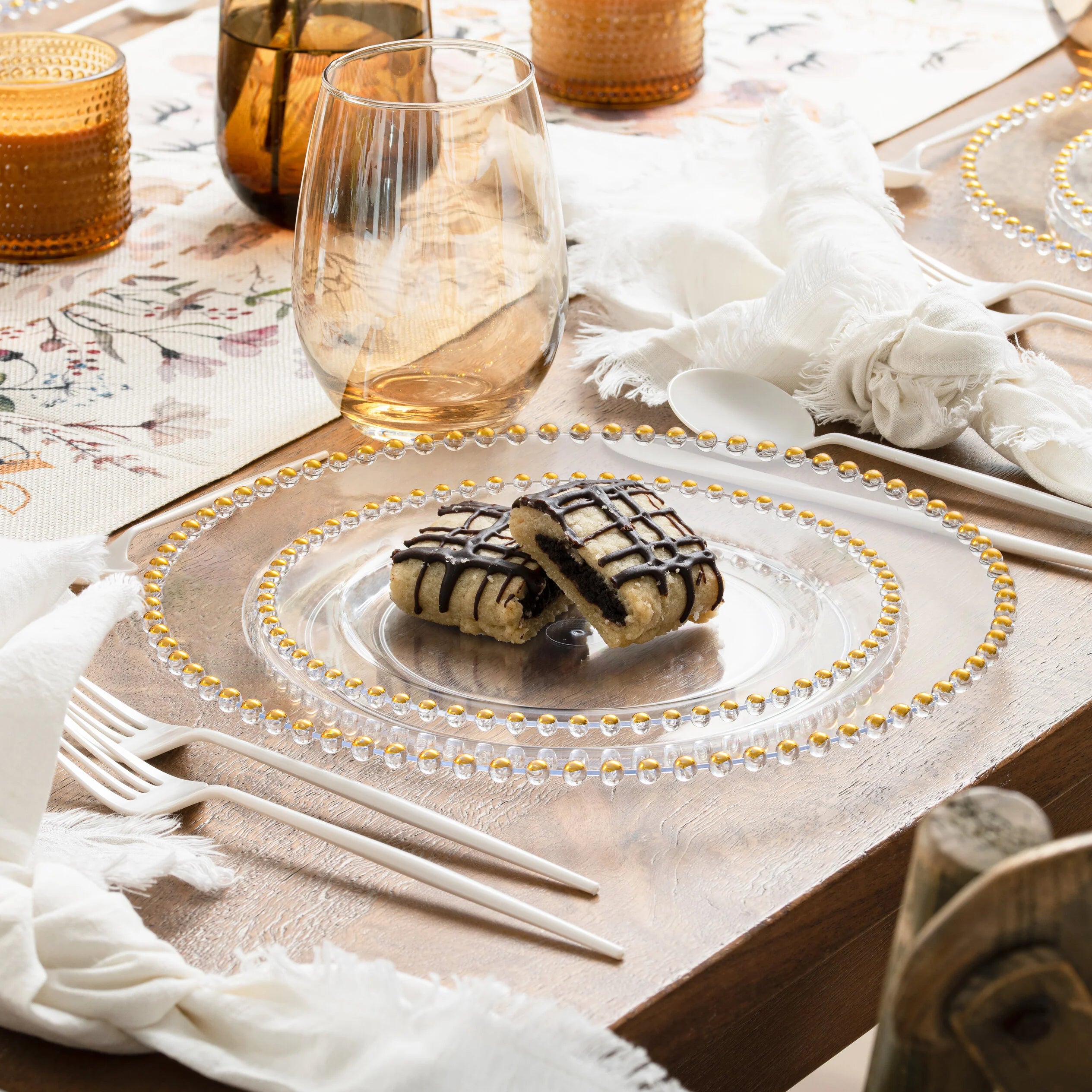 Clear and Gold Plastic Party Bundle with Beaded Decorations - Perfect for Birthday Celebrations, Weddings, and Special Events