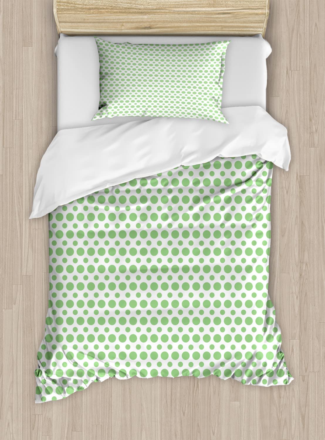 Ambesonne Retro Green Polka Dot Duvet Cover Set - 2 Pack Twin Size, 60s 70s Pop Art Inspired Vintage Design in Fern Green & White - Includes 2 Duvet Covers & 2 Pillowcases - Perfect for Bohemian Bedrooms, Guest Rooms & Vintage Themed Decor