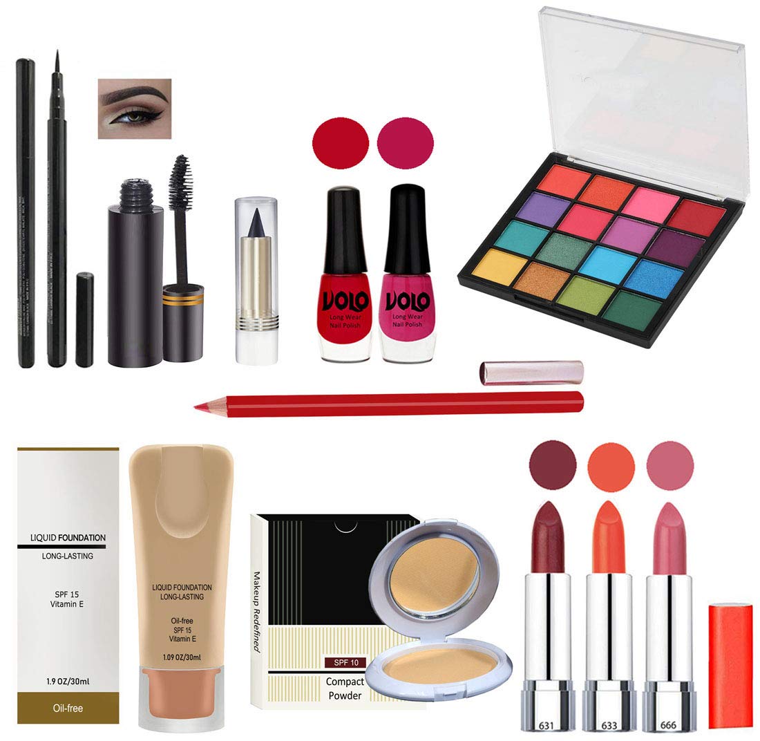 G4U Complete 12-Piece Makeup Kit for Women - 3 Lipsticks, Eyeliner, Mascara, Kajal, 2 Nail Polishes, 16-Color Eyeshadow Palette, Foundation, Compact Powder, Lipliner | Perfect for Travel, Bridal, and Everyday Makeup Looks