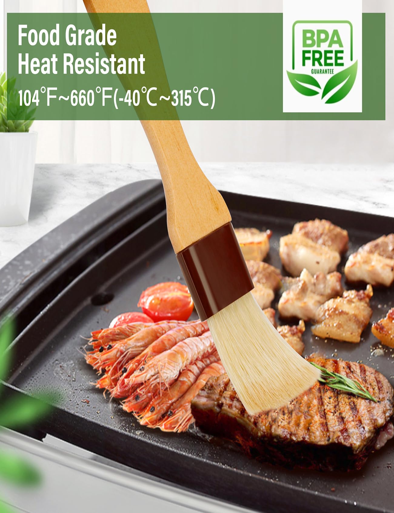 Natural Bristle Pastry Brush Set - 4 Pack for Baking, BBQ & Cooking - Wooden Handle, Easy Clean
